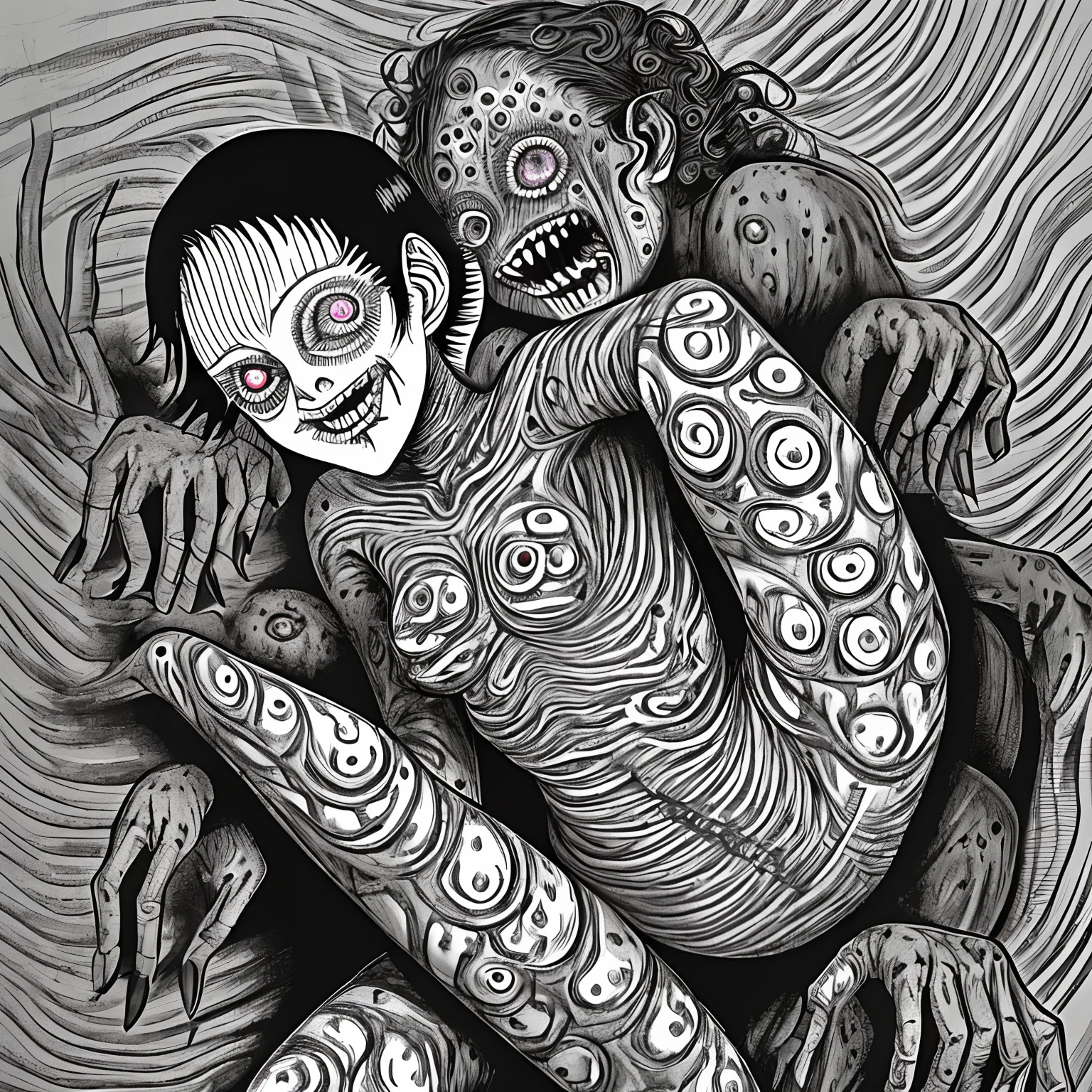 Grotesque body horror girl with curly black hair in the style of junji ito