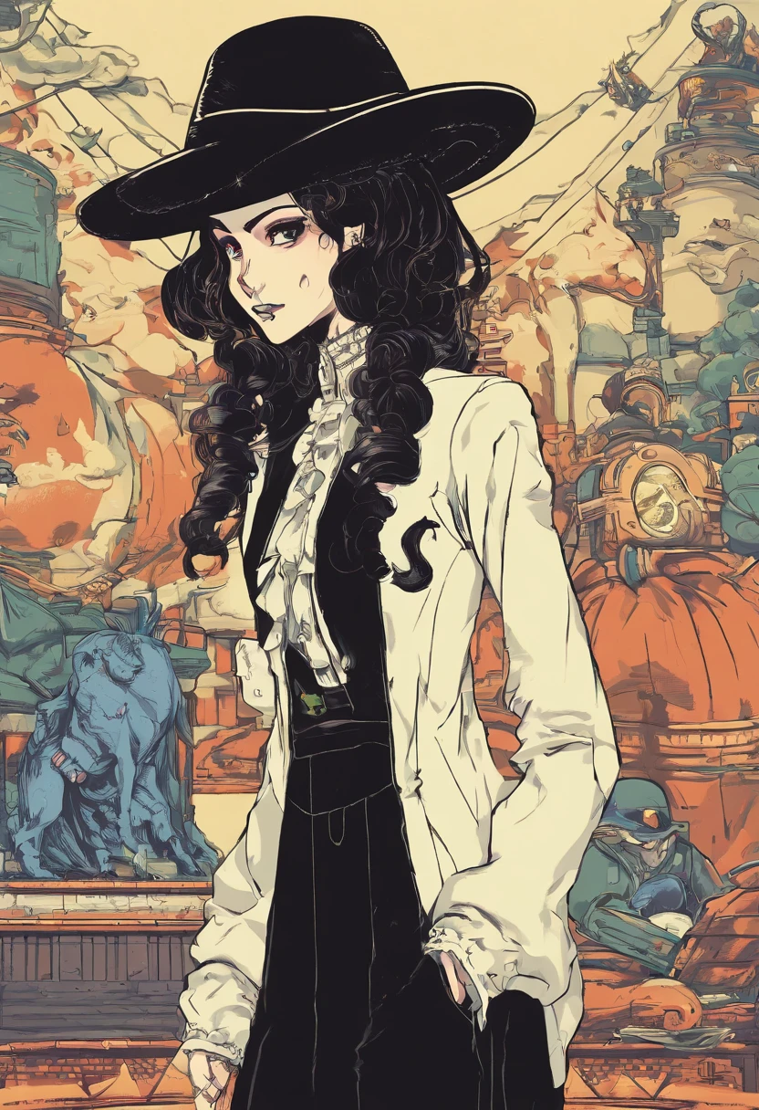 Araffe woman in black dress and black hat posing for photo, inspired by Otake Chikuha, Sui Ishida with black hair, based on Iwasa Matabey, Masami Kurumada Style, inspired by Yukihiko Yasuda, based on Sakai Hoitsu, Wearing Japanese technical clothing, wearing a black noble suit