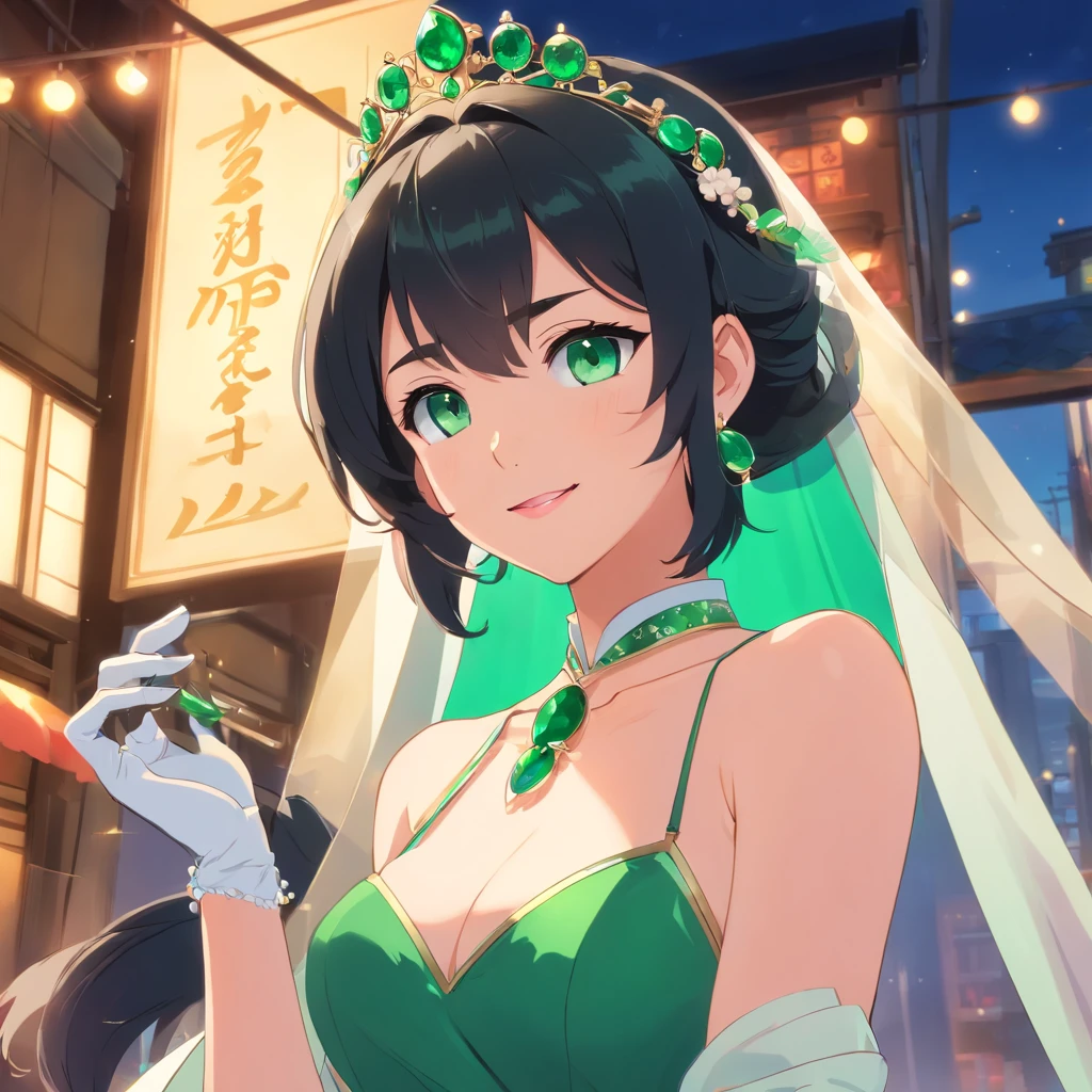 Boyish very short black hair, lipsticks, Japan woman smiling, Green Long Grove, Emerald Tia boyish very short black hair, lipsticks, Japan woman smiling, Satin green long gloves, Green Pearl Necklace, verd s eyes, Green eyes, Long green gloves made of satin material, big breasts beautiful, Green Bridal Veil, Green eyes, Emerald Earrings,emerald tiara, Green eyes