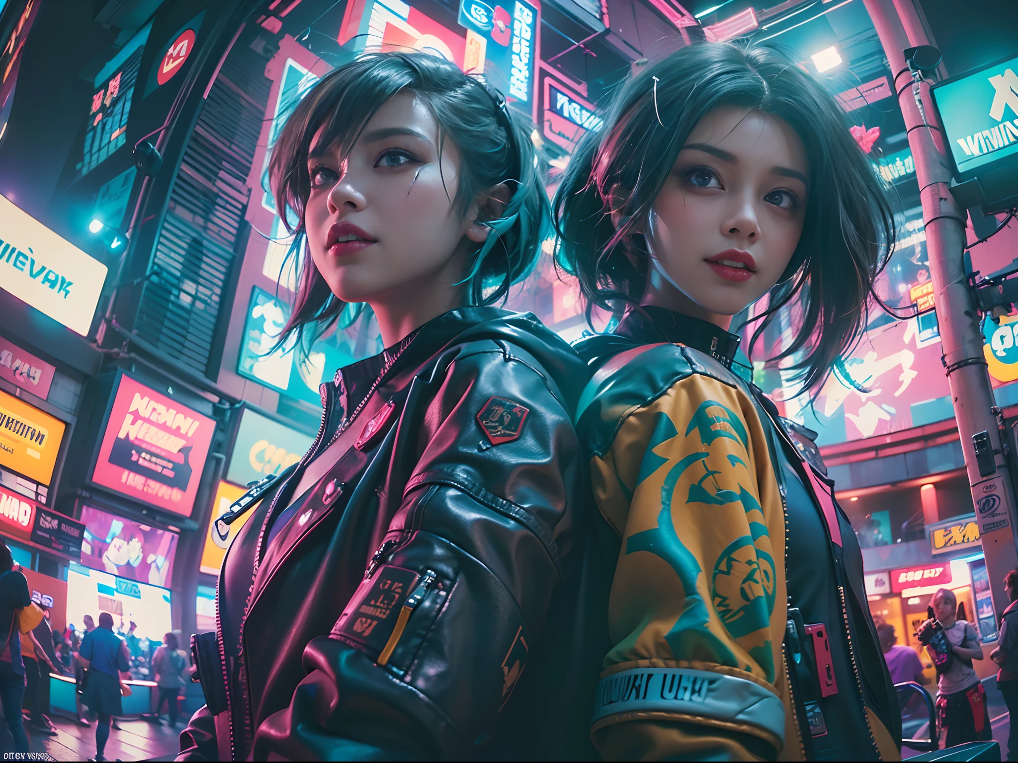 ((2 cyberpunk girls wearing colorful Harajuku style pop outfit)), ((((fisheye lens)))), cowboy shot, wind, messy hair, ((cyberpunk 2077 cityscape)), (cyberpunk aesthetics and atmosphere:1.3), bright colors, smiling, ((cinematic lighting))