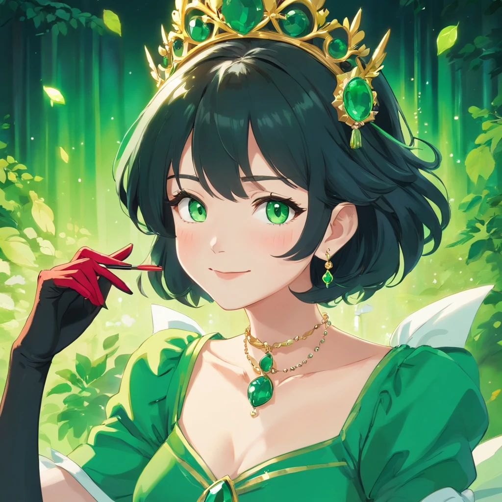 Boyish very short black hair, lipsticks, Japan woman smiling, Green Long Grove, Emerald Tia boyish very short black hair, lipsticks, Japan woman smiling, Satin green long gloves, Green Pearl Necklace, verd s eyes, Green eyes, Long green gloves made of satin material, big breasts beautiful, Green Bridal Veil, Green eyes, Emerald Earrings,emerald tiara, Green eyes