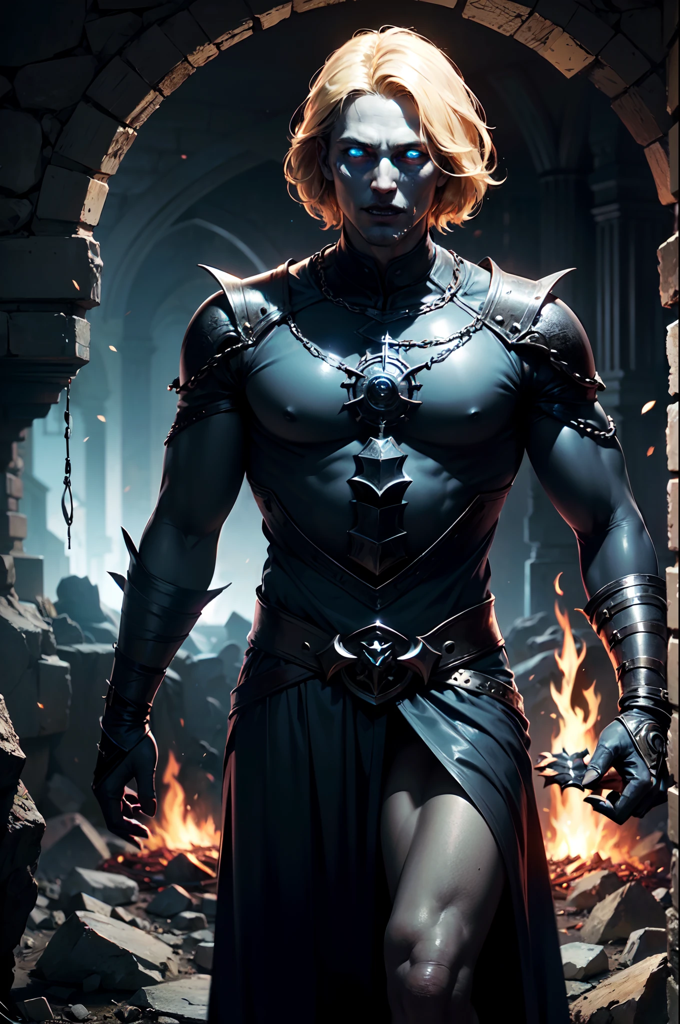 (masterpiece:1.2, best quality, high quality, extremely detailed, hyperrealistic, CG, unity, 4k), (dark fantasy: 1.0), ((evil necromancer, 30 years old male, ((partially demonized)), rough face, short blond hair, blue eyes, dark wizard, holds Necronomicon)), dark place, cave, dimly lit, ((eldritch magic energy swirling around)), full show,