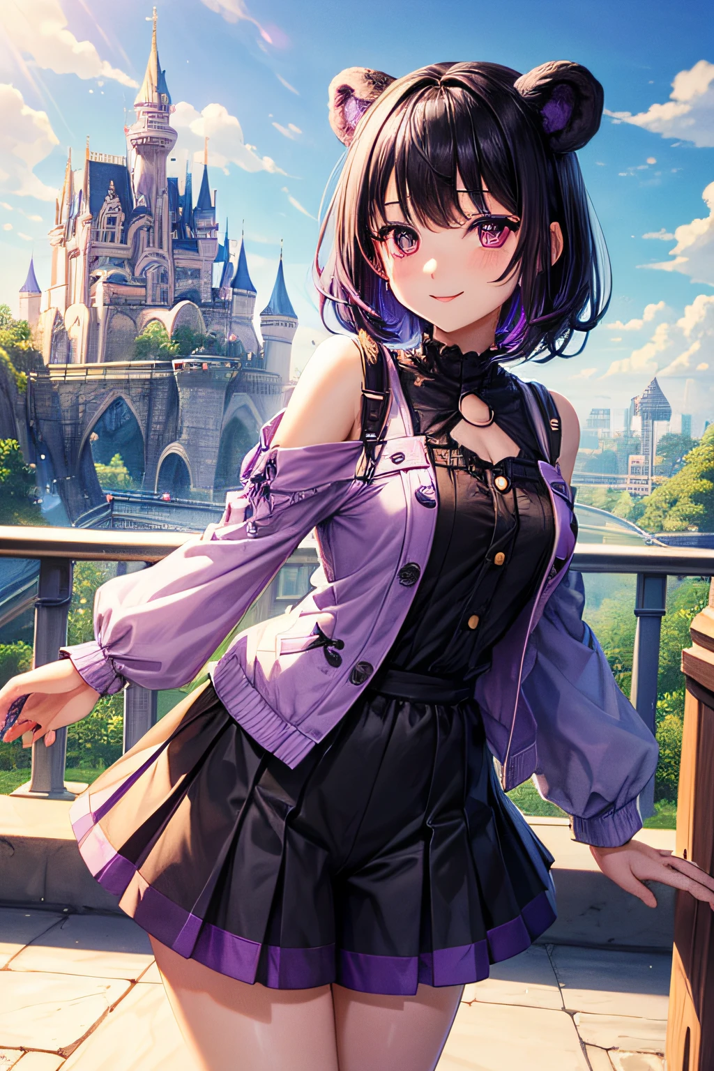 ((worst quality, low-quality)), ((Bear-eared Kenomi Girl)), (((Black hair berry berry short:1.2))), ((Purple and blue inner colors)), ((Hair over one eye)), (Yellow and purple odd-eye), plump shiny lips, Beautiful clear eyes, (The best smile), Spoken Heart, Leaning forward, (Dynamic Pose:1.2), (Gothloli style clothes), (Shoulder less), (jaket), (shortpants), ((theme park, Castles, Amusement Park Background)), masutepiece,Best Quality,ultra-detailliert,