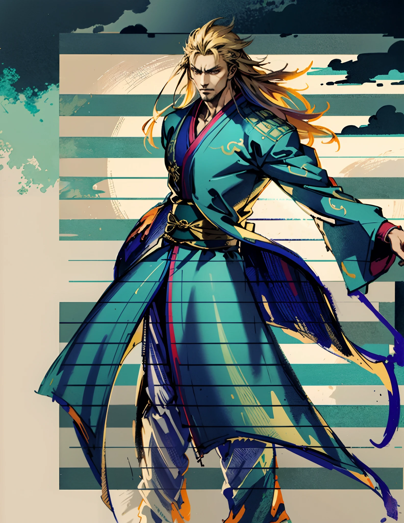 A man with disheveled long hair, a cascade of unruly locks, a handsome countenance, a carefree expression, tall and slender, wears a light-colored Chinese-style undershirt, over which he layers a loose dark-colored long daoist robe, long and wide sleeves, wears dark pants, surrounded by colorful clouds and mist, stands amidst a colorful sea of clouds and mist, this character embodies a finely crafted fantasy-style Chinese martial artist character in anime style, characterized by an exquisite and mature manga illustration art style, high definition, best quality, highres, ultra-detailed, ultra-fine painting, extremely delicate, professional, anatomically correct, symmetrical face, extremely detailed eyes and face, high quality eyes, creativity, RAW photo, UHD, 8k, Natural light, cinematic lighting, masterpiece:1.5