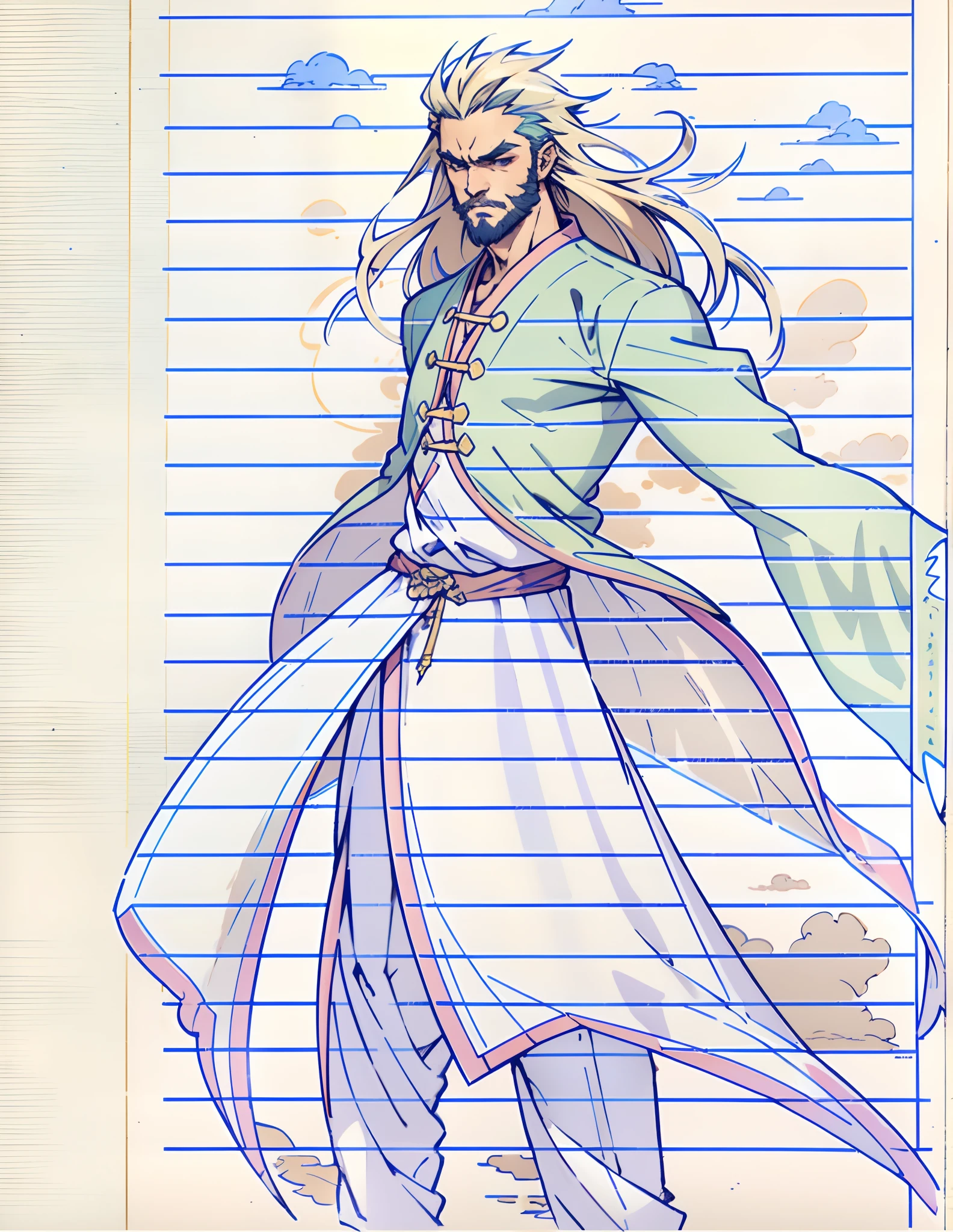 A man with disheveled long hair, a cascade of unruly locks, a handsome countenance, a carefree expression, tall and slender, wears a light-colored Chinese-style undershirt, over which he layers a loose dark-colored long daoist robe, long and wide sleeves, wears dark pants, surrounded by colorful clouds and mist, stands amidst a colorful sea of clouds and mist, this character embodies a finely crafted fantasy-style Chinese martial artist character in anime style, characterized by an exquisite and mature manga illustration art style, high definition, best quality, highres, ultra-detailed, ultra-fine painting, extremely delicate, professional, anatomically correct, symmetrical face, extremely detailed eyes and face, high quality eyes, creativity, RAW photo, UHD, 8k, Natural light, cinematic lighting, masterpiece:1.5