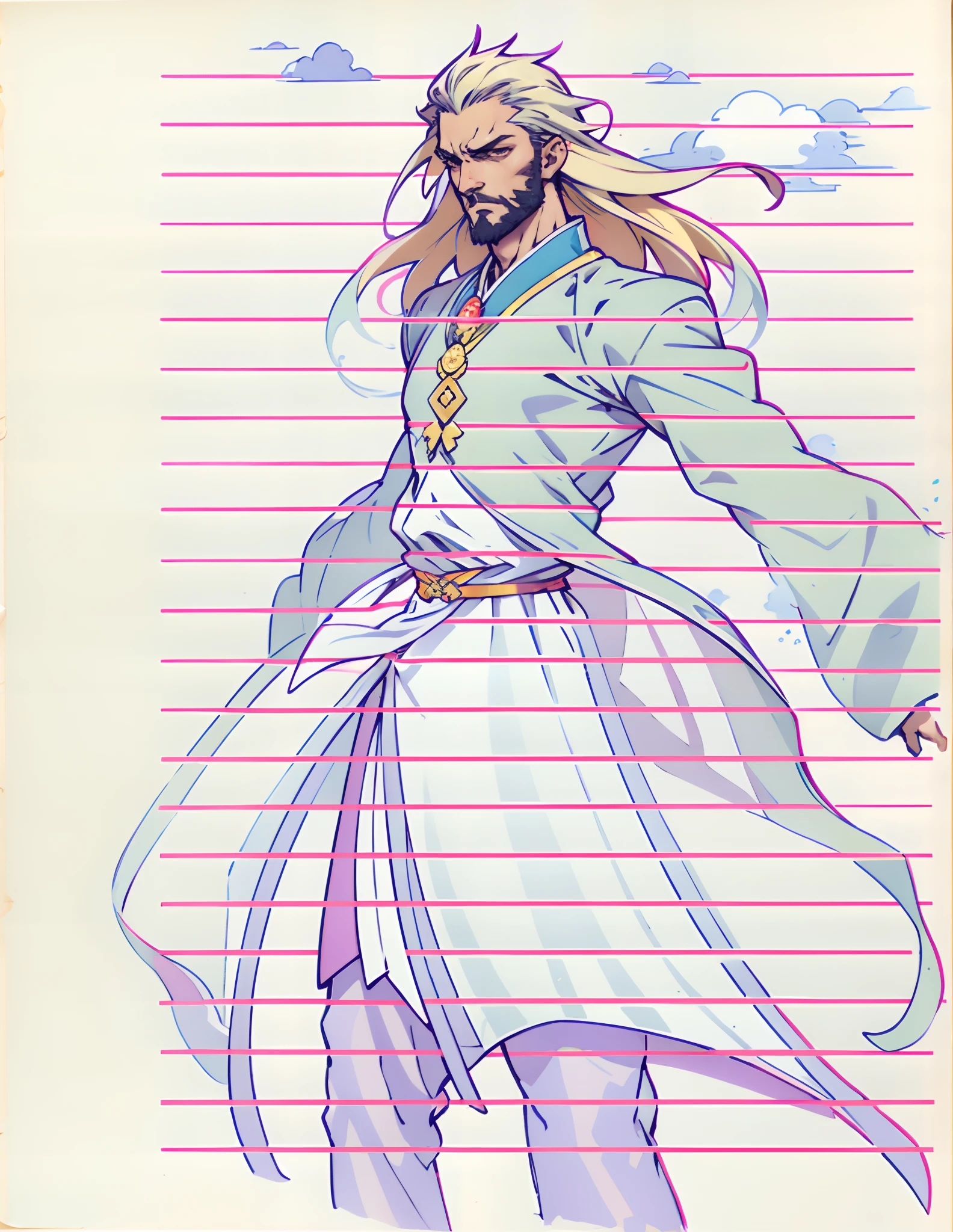 A man with disheveled long hair, a cascade of unruly locks, a handsome countenance, a carefree expression, tall and slender, wears a light-colored Chinese-style undershirt, over which he layers a loose dark-colored long daoist robe, long and wide sleeves, wears dark pants, surrounded by colorful clouds and mist, stands amidst a colorful sea of clouds and mist, this character embodies a finely crafted fantasy-style Chinese martial artist character in anime style, characterized by an exquisite and mature manga illustration art style, high definition, best quality, highres, ultra-detailed, ultra-fine painting, extremely delicate, professional, anatomically correct, symmetrical face, extremely detailed eyes and face, high quality eyes, creativity, RAW photo, UHD, 8k, Natural light, cinematic lighting, masterpiece:1.5