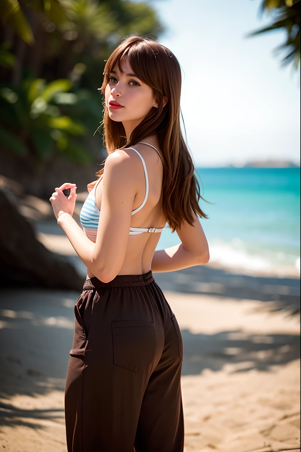 max caulfield   , brown hair ,  ,. red lips ,long hair , , no selfie , depth of field, no happy, 
 ,    no smiling ,,, jumpsuit , jens pants ,
 looking at viewer, at the beach