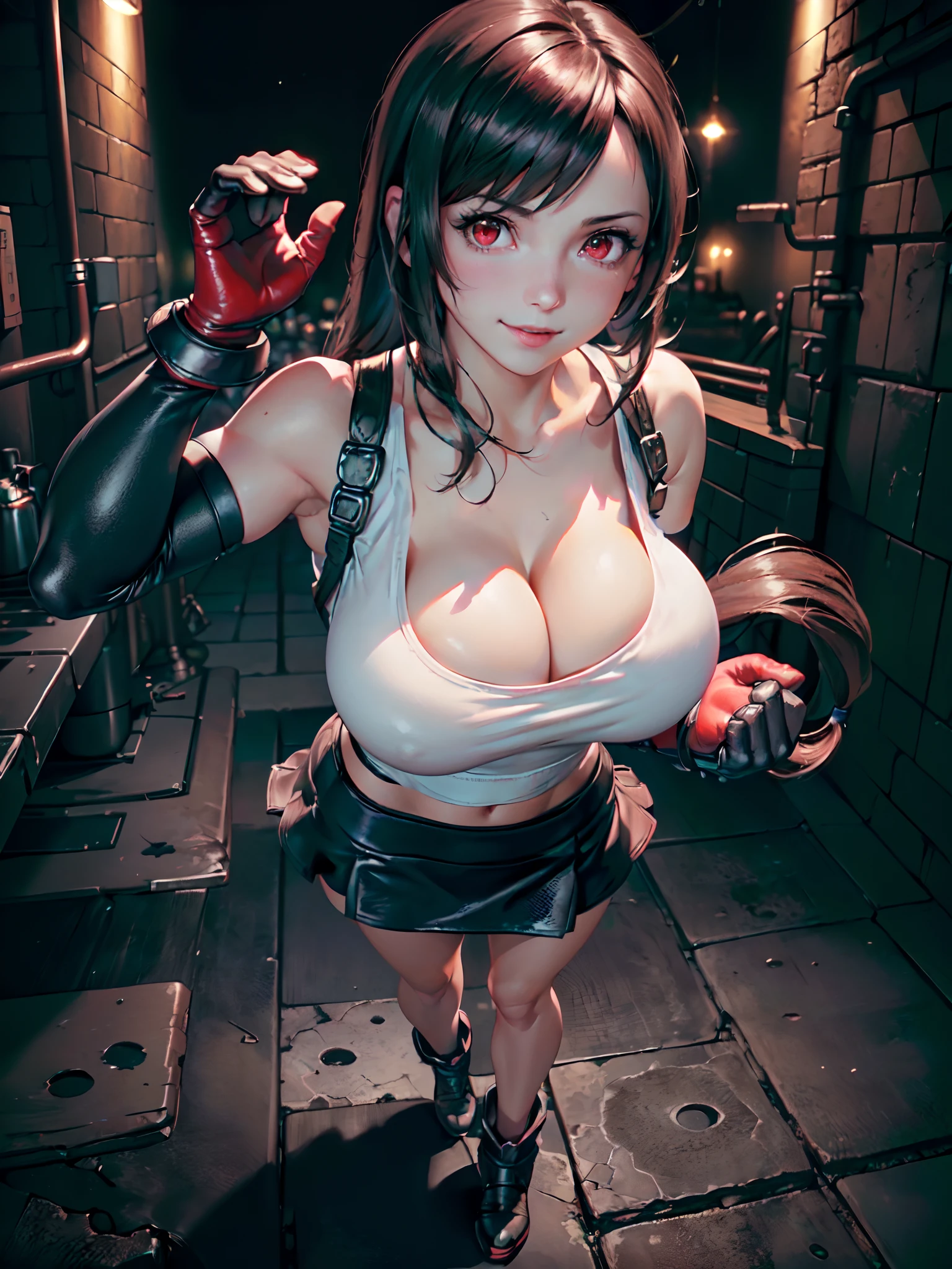 (8k, best quality, masterpiece:1.2), (realistic, photo-realistic:1.37), ultra-detailed, 1 girl,cute, solo, (tifa lockhart), ((huge breasts:1.6),(beautiful detailed eyes), (smile:1.4), winking (closed mouth), erotic pose, outside an industrial factory, depth of field, dark intense shadows, sharp focus, depth of field, good composition, Final Fantasy VII, (white tank top:1.3), (black leather mini skirt:1.3) (red gloves and boots) (full body:1.5), head rest, lips, pretty face, ((red eyes:1.3)), (night:1.2), intricate, bokeh, (Tetsuya Nomura style), nsfw, perfect breasts, view from  below