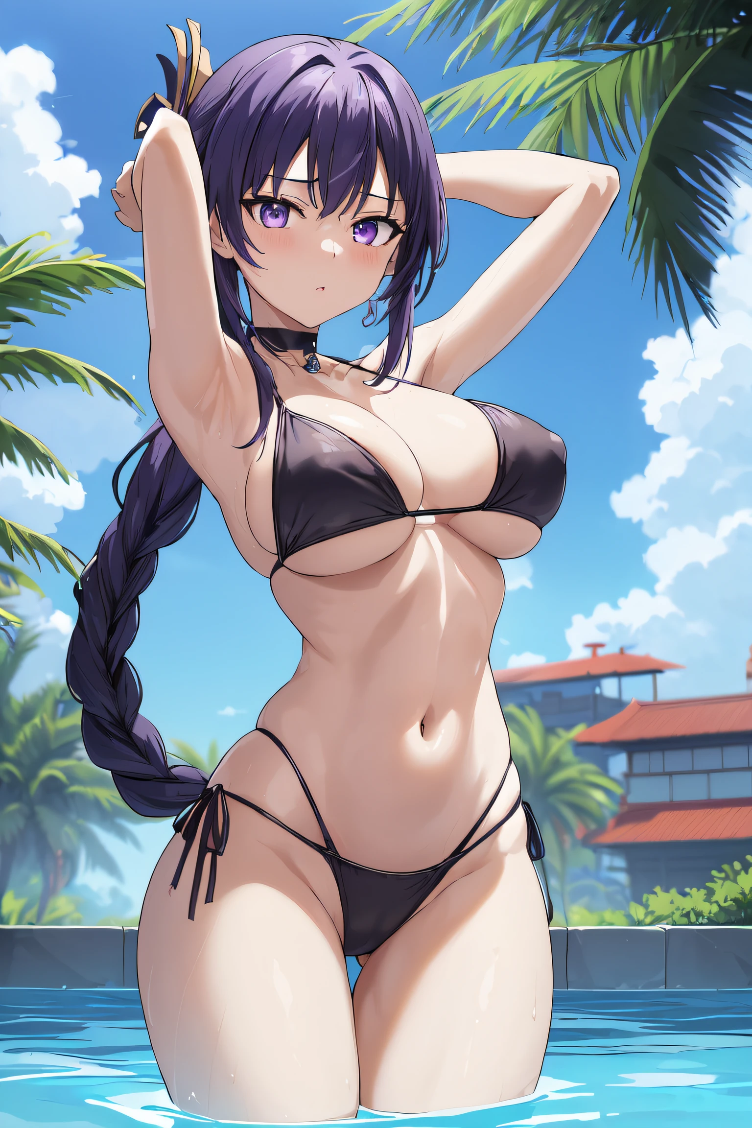 genshin_impact raiden_shogun absurdres highres paid_reward_available revision 1girl armpits arms_up bikini bird black_bikini black_choker blue_sky blush braid braided_ponytail breasts choker closed_mouth collarbone cowboy_shot earrings grabbing grabbing_another's_breast hair_between_eyes jewelry large_breasts long_hair mole mole_under_eye navel nipples outdoors palm_tree parted_lips pool pool_ladder purple_eyes purple_hair sidelocks sky solo_focus stomach strap_gap swimsuit thighs topless tree very_long_hair wading water water_drop wet