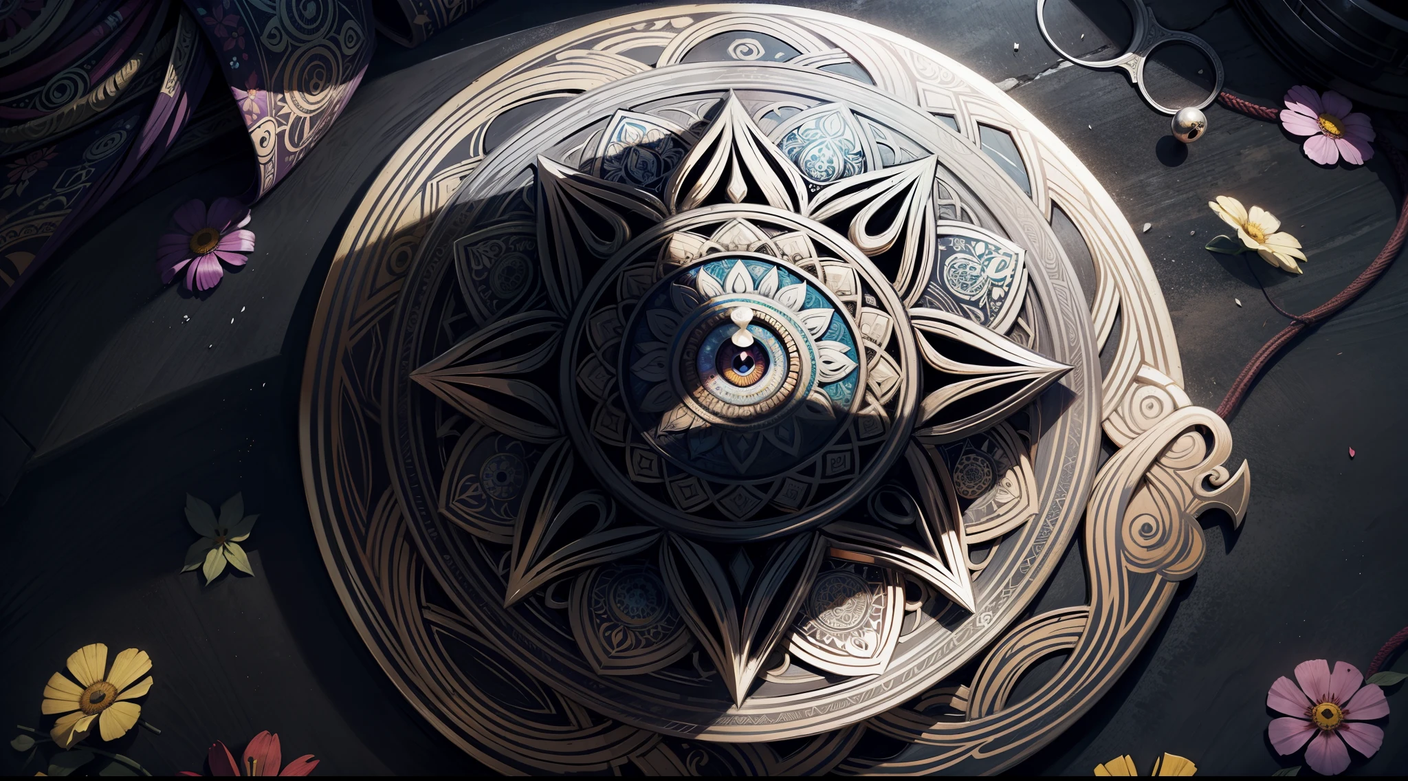 Mandala with flowers,Double paddle and eye in center coloring book high resolution high detail