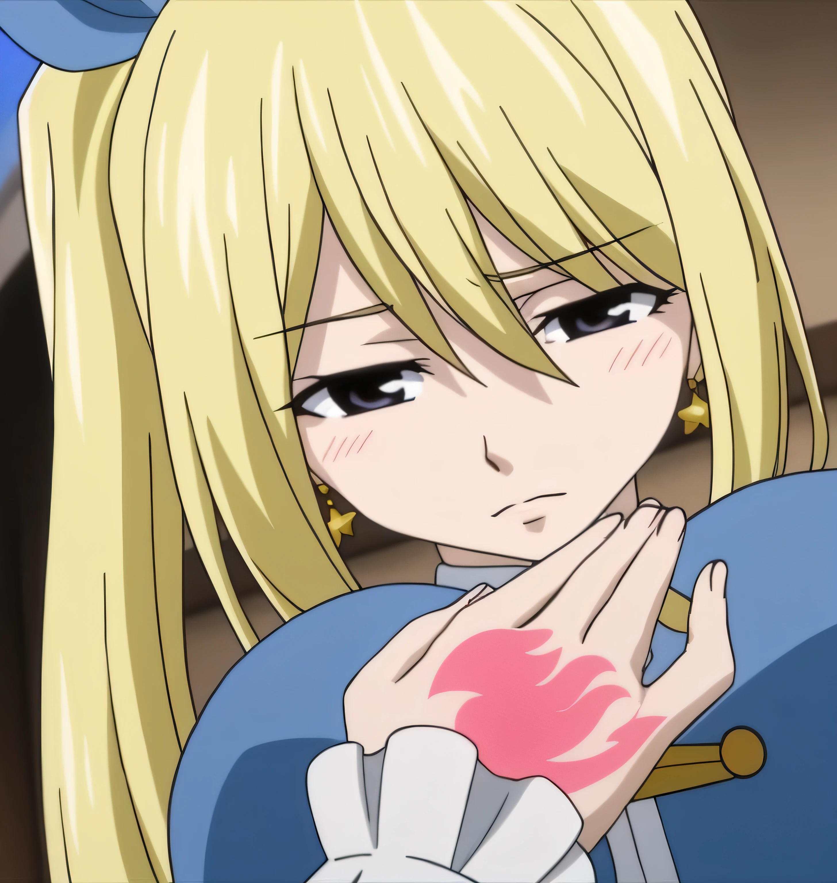 a closeup of a person holding a heart in his hand, do anime chamada Lucy, como um personagem de anime, personagem de anime feminino, rei hino as a princess, personagem de anime, mas um olhar severo sobre ela, Erza Scarlet como uma pessoa real, ela tem um rosto expressivo bonito, Loira - Princesa Cabelos, A Deusa Hera parecendo irritada, em um anime