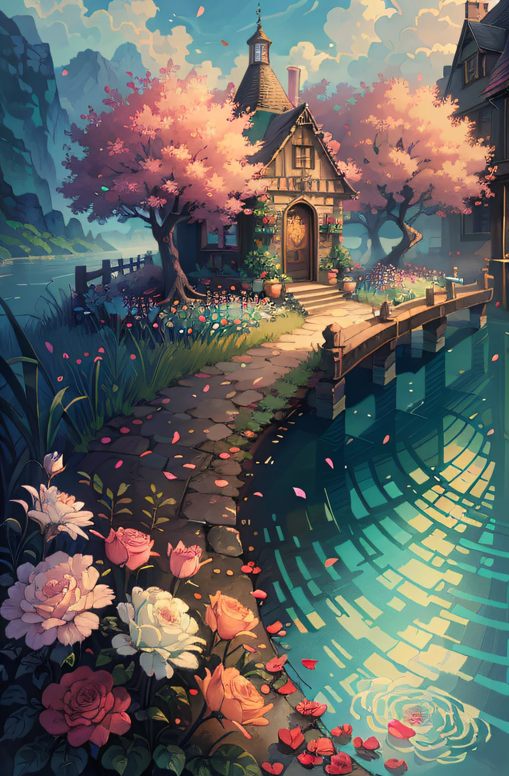 Original,(illustratio:1.1),(best qualtiy),(tmasterpiece:1.1),(the Extremely Detailed CG Unity 8K Wallpapers),(a color:1.2),Rose bushes,rose petals,
