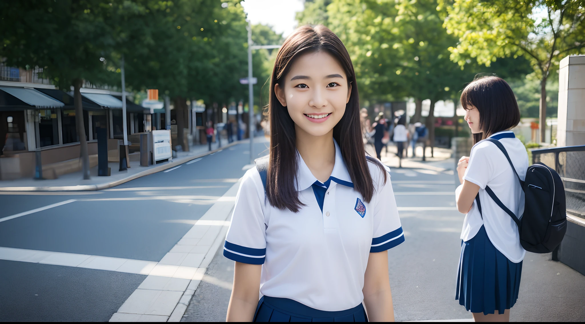 （17-year-old girl wearing summer short-sleeved school uniform1.3），Wait for the bus at the platform，There are super blurred passers-by behind it，Ultra-realistic real people，A hopeful smile，Extreme picture quality，Extreme light and shadow，Aurora chase，Extreme ambient light，bright sun，closing her eyes，Enjoy the sun，Sunlight shines on the face，8K，Premium ambient light，Extremely complex and intricate clothing textures，Exquisite facial features，Extremely complex and super delicate and clear eyeballs，（Perfect body 1.1）（Flat chest 1.1）（Perfect body proportions1.1）（Ultra-realistic street 1.3）（Bust close-up 1.3）