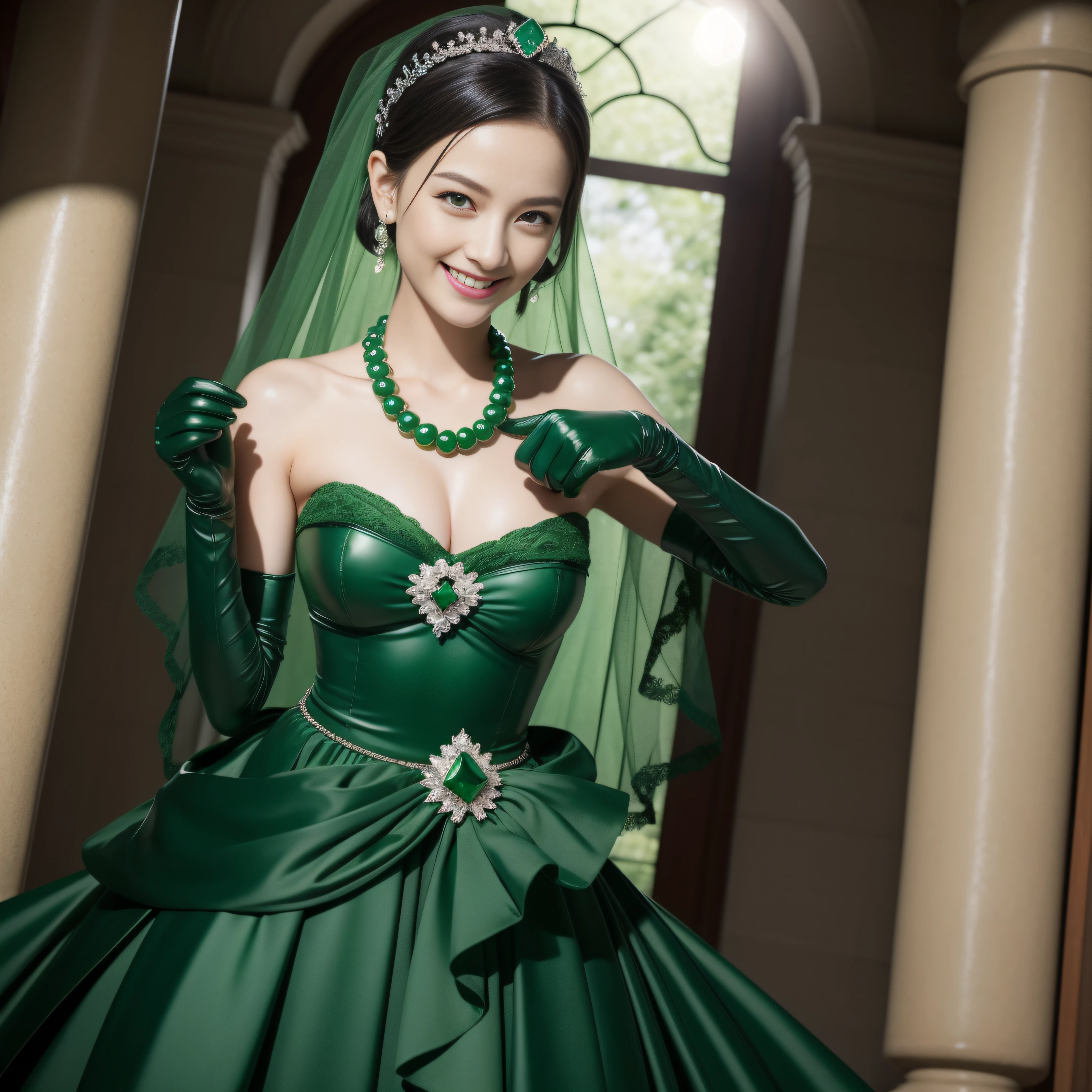 Boyish very short black hair, lipsticks, Japan woman smiling, Green Long Grove, Emerald Tia boyish very short black hair, lipsticks, Japan woman smiling, Satin green long gloves, Green Pearl Necklace, verd s eyes, Green eyes, Long green gloves made of satin material, big breasts beautiful, Green Bridal Veil, Green eyes, Emerald Earrings,emerald tiara, Green eyes