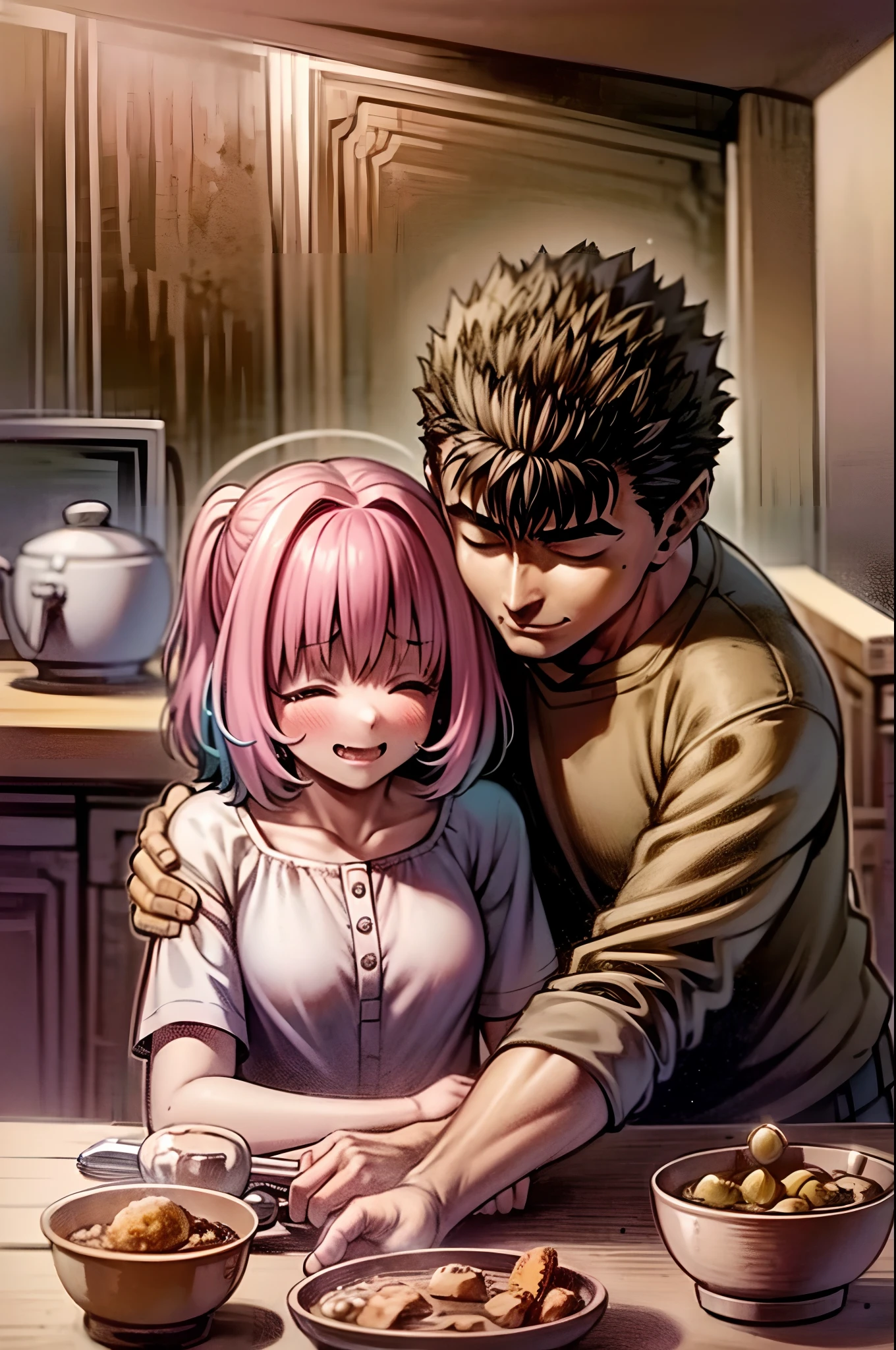 riamu yumemi,guts,couple,husband and wife,riamu motherly,house wife,cooking,mother and son,children,family,happy,(best quality,4k,8k,highres,masterpiece:1.2),ultra-detailed,(photo1.37),joyful,loving,embrace,adorable,cheerful,blissful,togetherness,warmth,smiles,vibrant colors,sunshine,beautifully lit,cosy home,harmonious,family bond,making memories,satisfying meal,homemade food,laughter,motherly affection,playful kids,herb garden,spacious kitchen,life's small joys,dreamy,wholesome,carefree,affectionate gaze,authentic moments,harmony of love and simplicity,unconditional love,tranquil,heartwarming,captured memories,cherished moments,intergenerational love,endless laughter,tight-knit,fond memories,blessed family,treasuring time together,priceless happiness