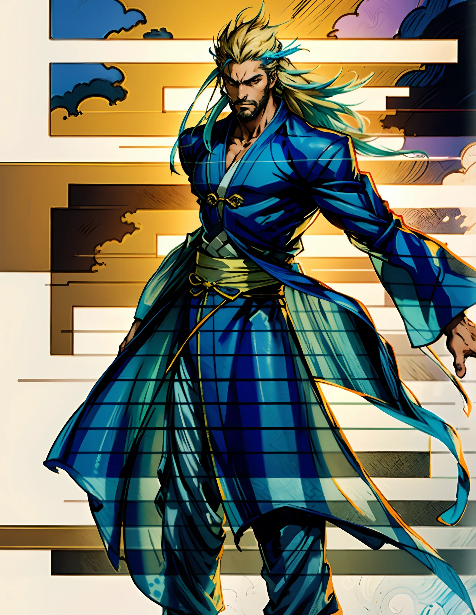 A man with disheveled long hair, a cascade of unruly locks, a handsome countenance, a carefree expression, tall and slender, wears a light-colored Chinese-style undershirt, over which he layers a loose dark-colored long daoist robe, long and wide sleeves, wears dark pants, surrounded by colorful clouds and mist, stands amidst a colorful sea of clouds and mist, this character embodies a finely crafted fantasy-style Chinese martial artist character in anime style, characterized by an exquisite and mature manga illustration art style, high definition, best quality, highres, ultra-detailed, ultra-fine painting, extremely delicate, professional, anatomically correct, symmetrical face, extremely detailed eyes and face, high quality eyes, creativity, RAW photo, UHD, 8k, Natural light, cinematic lighting, masterpiece:1.5