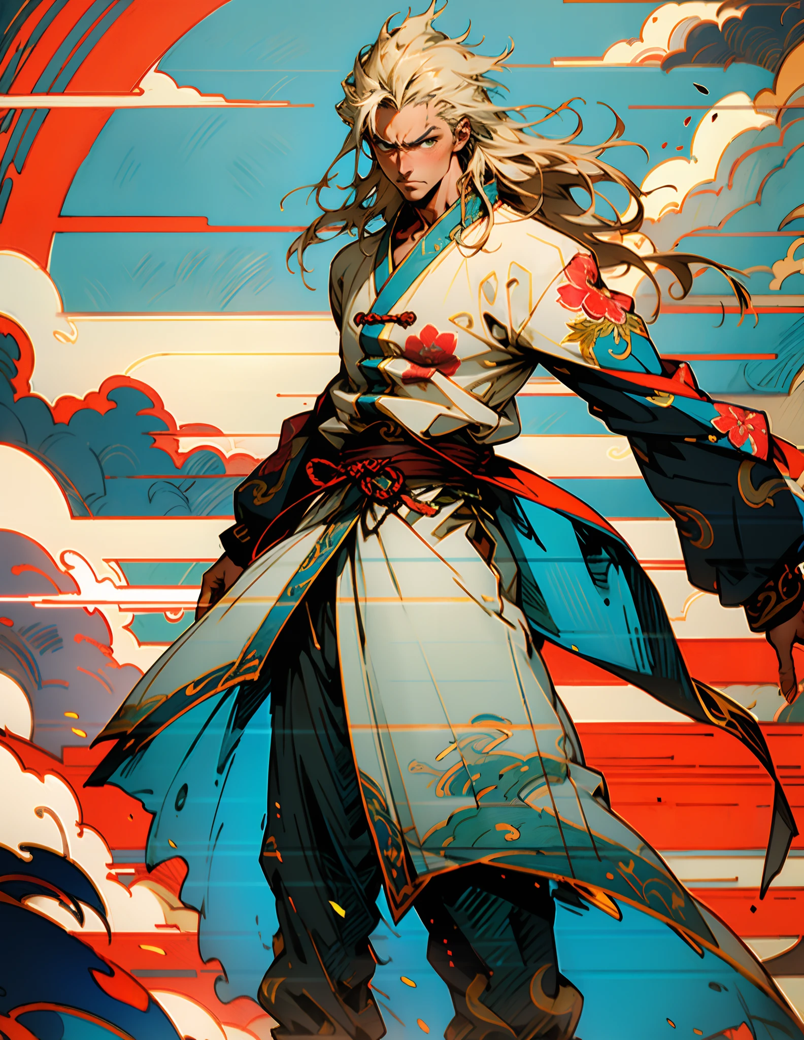 A man with disheveled long hair, a cascade of unruly locks, a handsome countenance, a carefree expression, tall and slender, wears a light-colored Chinese-style undershirt, over which he layers a loose dark-colored long daoist robe, long and wide sleeves, wears dark pants, surrounded by colorful clouds and mist, stands amidst a colorful sea of clouds and mist, this character embodies a finely crafted fantasy-style Chinese martial artist character in anime style, characterized by an exquisite and mature manga illustration art style, high definition, best quality, highres, ultra-detailed, ultra-fine painting, extremely delicate, professional, anatomically correct, symmetrical face, extremely detailed eyes and face, high quality eyes, creativity, RAW photo, UHD, 8k, Natural light, cinematic lighting, masterpiece:1.5