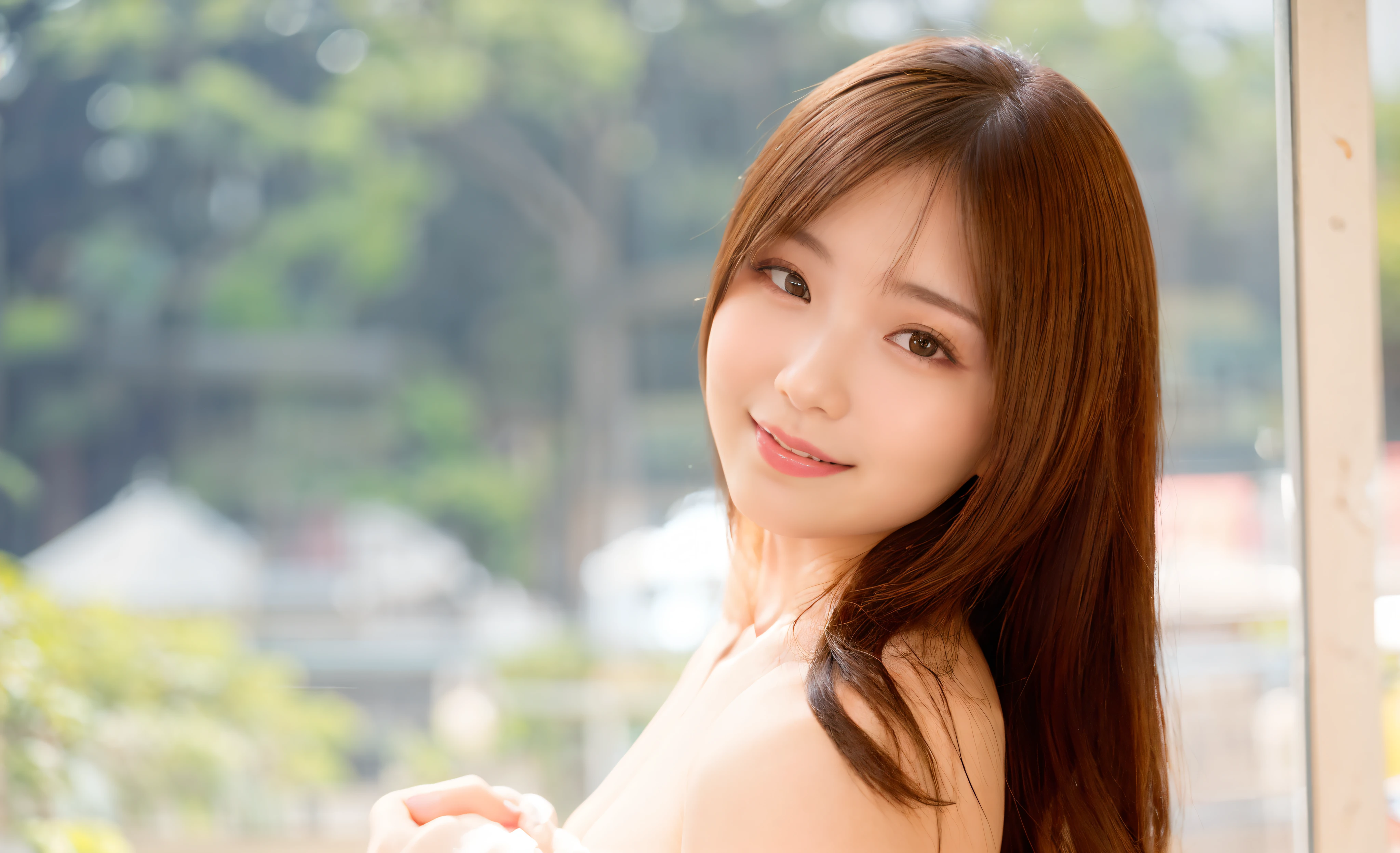 16k, ultra high res, best quality, high quality, masterpiece:1.3), (a professional photo of girl), RAW photo, realistic illustration, (ultra detailed eyes and face), (ultra detailed beautiful skin), Super Detail Beautiful Natural Skin, there is a woman that is posing for a picture in a window, beautiful japanese girls face, young sensual gravure idol, friendly seductive smile, beautiful asian girl, cute seductive smile
