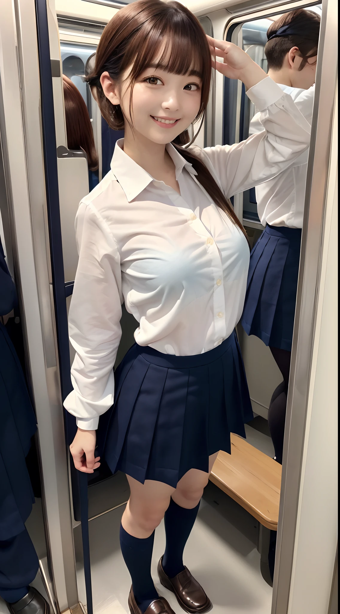 (8K, 超A high resolution, Best Quality, masutepiece:1.2),(18year old:1.2)、(Look away)、8K、RAW portrait of japanese girl、Photorealsitic、超A high resolution、top-quality、 (quite massive chest、Hide all breasts:1.2)(hi-school girl、White collared shirt、Navy Pleated Mini Skirt:1.3)、(Standing in a crowded train full of schoolgirls:1.25) Charming smile、(Mushrooms cut for brown hair、Black loafers、Navy Socks:1.2)Drawing from the side