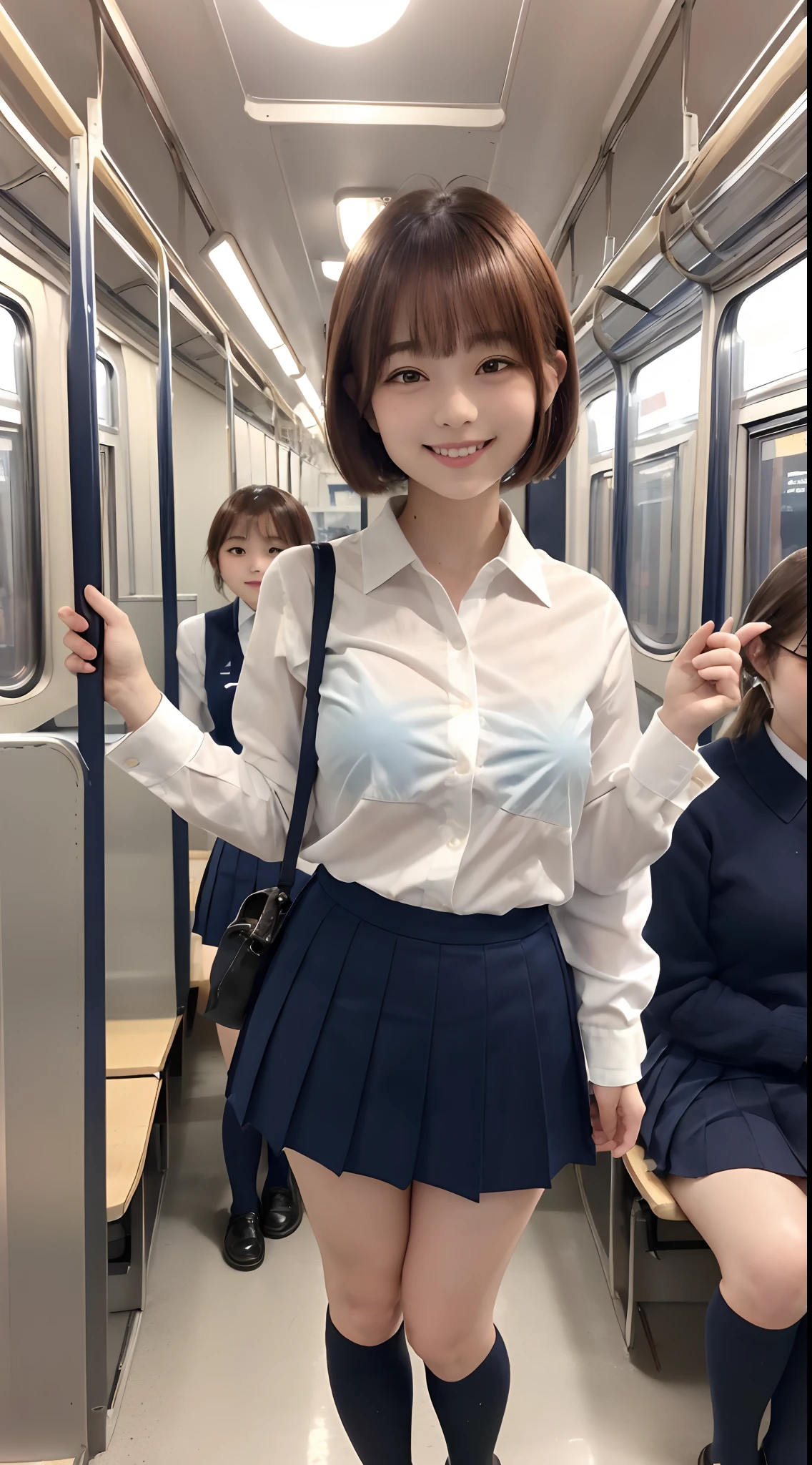 (8K, 超A high resolution, Best Quality, masutepiece:1.2),(18year old:1.2)、(Look away)、8K、RAW portrait of japanese girl、Photorealsitic、超A high resolution、top-quality、 (quite massive chest、Hide all breasts:1.2)(hi-school girl、White collared shirt、Navy Pleated Mini Skirt:1.3)、(Standing in a crowded train full of schoolgirls:1.25) Charming smile、(Mushrooms cut for brown hair、Black loafers、Navy Socks:1.2)Drawing from the side