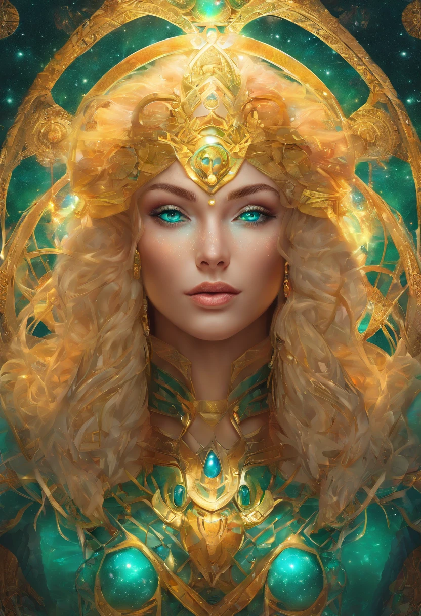 (RAW Photo, best quality), (Hyper Realistic),16k,(realistic, photo-realistic:1.5), Masterpiece,ultra high res, Stunning, Beautiful Milf Latin Brazilian Woman Goddess of Multiverse, Impossing Pose, Athletic Body, Suntan Skin, Wearing Egyptian Jewels Futuristic Cut Armor and Cloak with Intricate Isometric Fluid Galaxy Bioluminescence Effects, symmetrical, with Galaxies orbiting her body, perfect detailed face, detailed symmetric circular Green iris pupils, ((Gorgeous Long Blonde Fluid Hair)), high detailed Skin, Realistic, intricately detailed, cinematic, Isometric, awesome full color, gritty, mucha, klimt, 16k, hight definition, cinematic, neoprene, behance contest winner, portrait featured on unsplash, smooth, ultra high definition, ultra sharp focus, intricate artwork masterpiece, ominous, epic, TanvirTamim, trending on artstation, highly detailed, vibrant