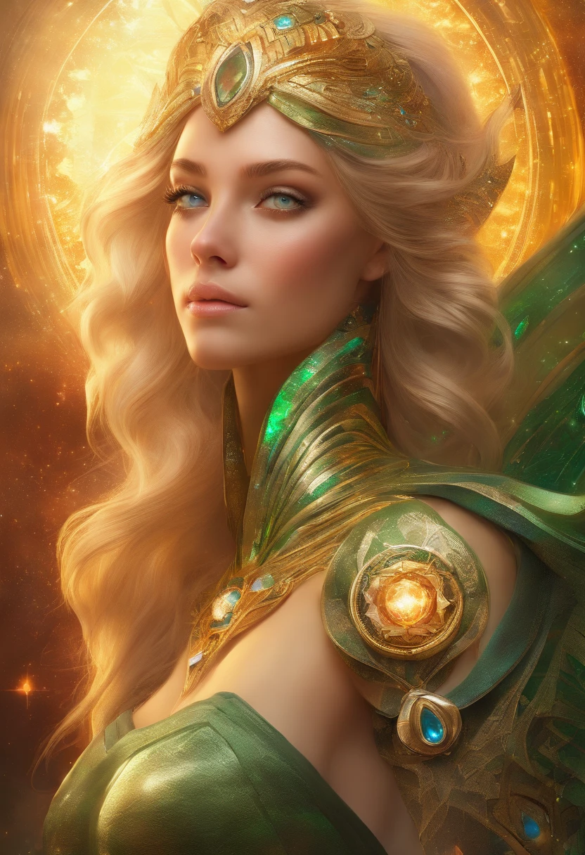 (RAW Photo, best quality), (Hyper Realistic),16k,(realistic, photo-realistic:1.5), Masterpiece,ultra high res, Stunning, Beautiful Milf Latin Brazilian Woman Goddess of Multiverse, Impossing Pose, Athletic Body, Suntan Skin, Wearing Egyptian Jewels Futuristic Cut Armor and Cloak with Intricate Isometric Fluid Galaxy Bioluminescence Effects, symmetrical, with Galaxies orbiting her body, perfect detailed face, detailed symmetric circular Green iris pupils, ((Gorgeous Long Blonde Fluid Hair)), high detailed Skin, Realistic, intricately detailed, cinematic, Isometric, awesome full color, gritty, mucha, klimt, 16k, hight definition, cinematic, neoprene, behance contest winner, portrait featured on unsplash, smooth, ultra high definition, ultra sharp focus, intricate artwork masterpiece, ominous, epic, TanvirTamim, trending on artstation, highly detailed, vibrant