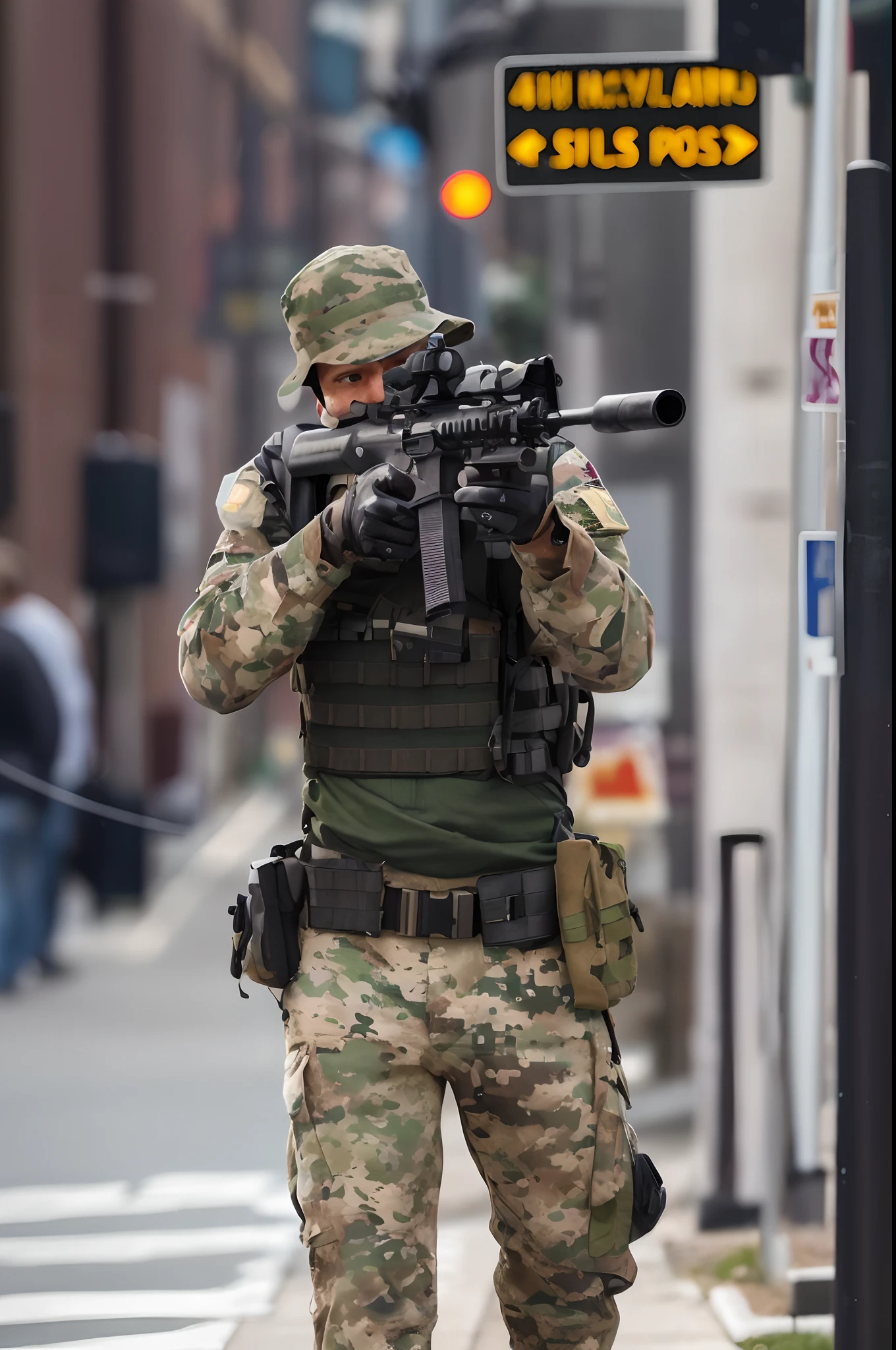 arafed soldier with a gun in his hand and a helmet on, a soldier aiming a gun, airsoft cqb, airsoft gun, shoulder mounted gun, man is carrying a rifle, wielding assault rifle, holding rifle, top shot, handling rifle on chest, military weaponry, battle action pose, holding a rifle, realistic soldiers, new york street backdrop, danger atmosphere