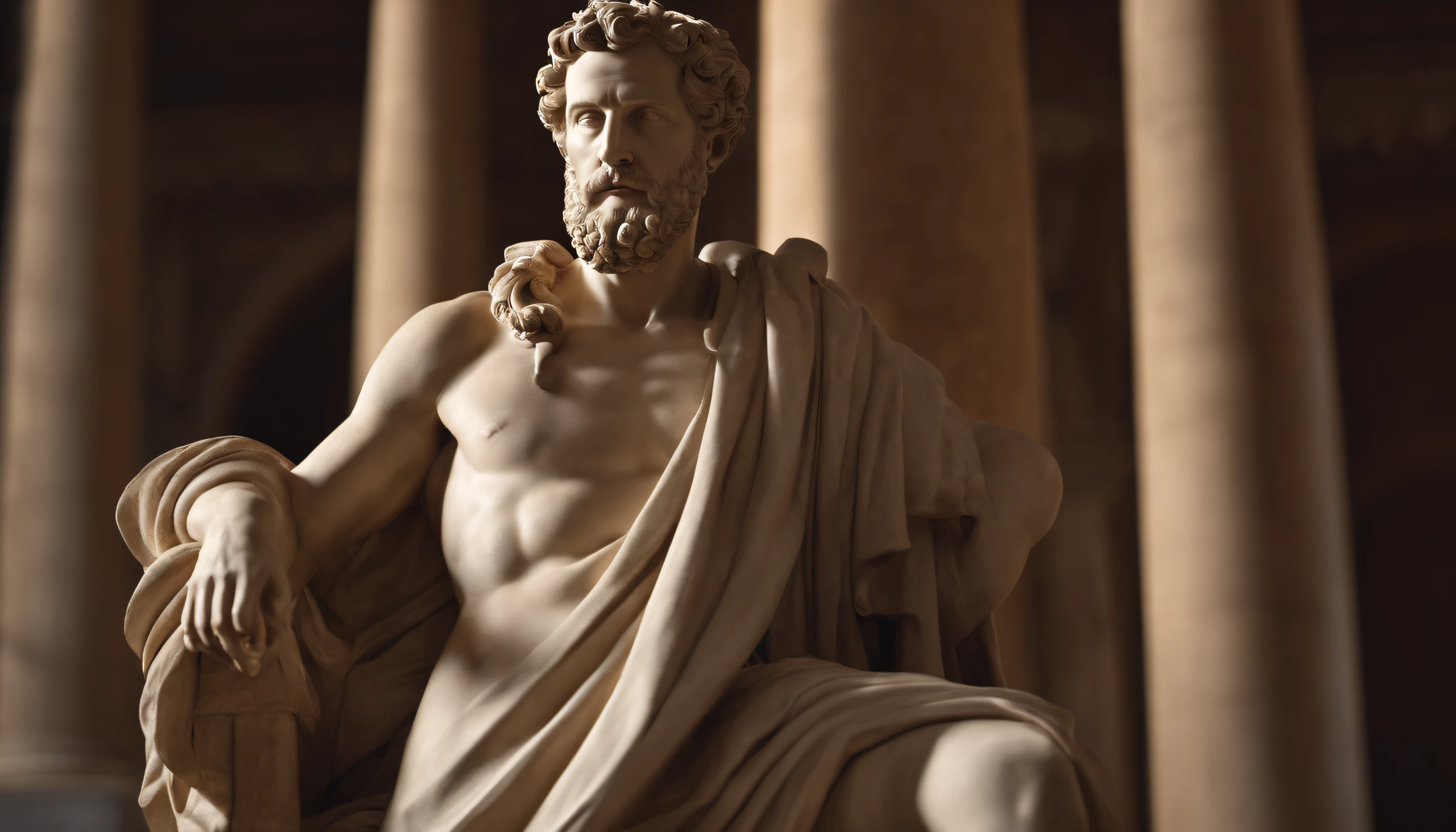 a portrait statue of the stoic Marcus Aurelius in 4K, papel de parede super realista, corpo inteiro, corpo forte, musculoso, forte, sem camisa, tronco forte, forte, sem camisa, strong upper arms