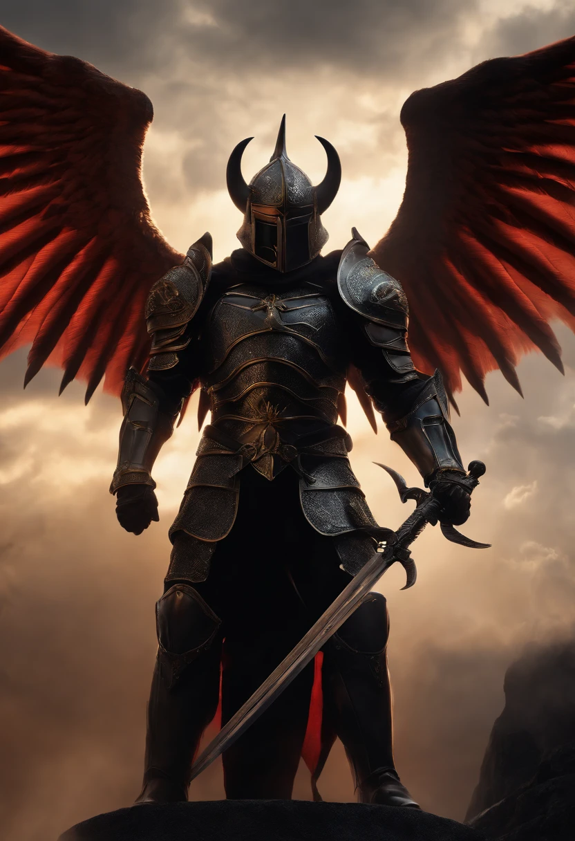 Demon knight against the heaven, winged helmet, Neoclassicism, modern, chiaroscuro, depth of field, UHD, masterpiece, high quality, super detail