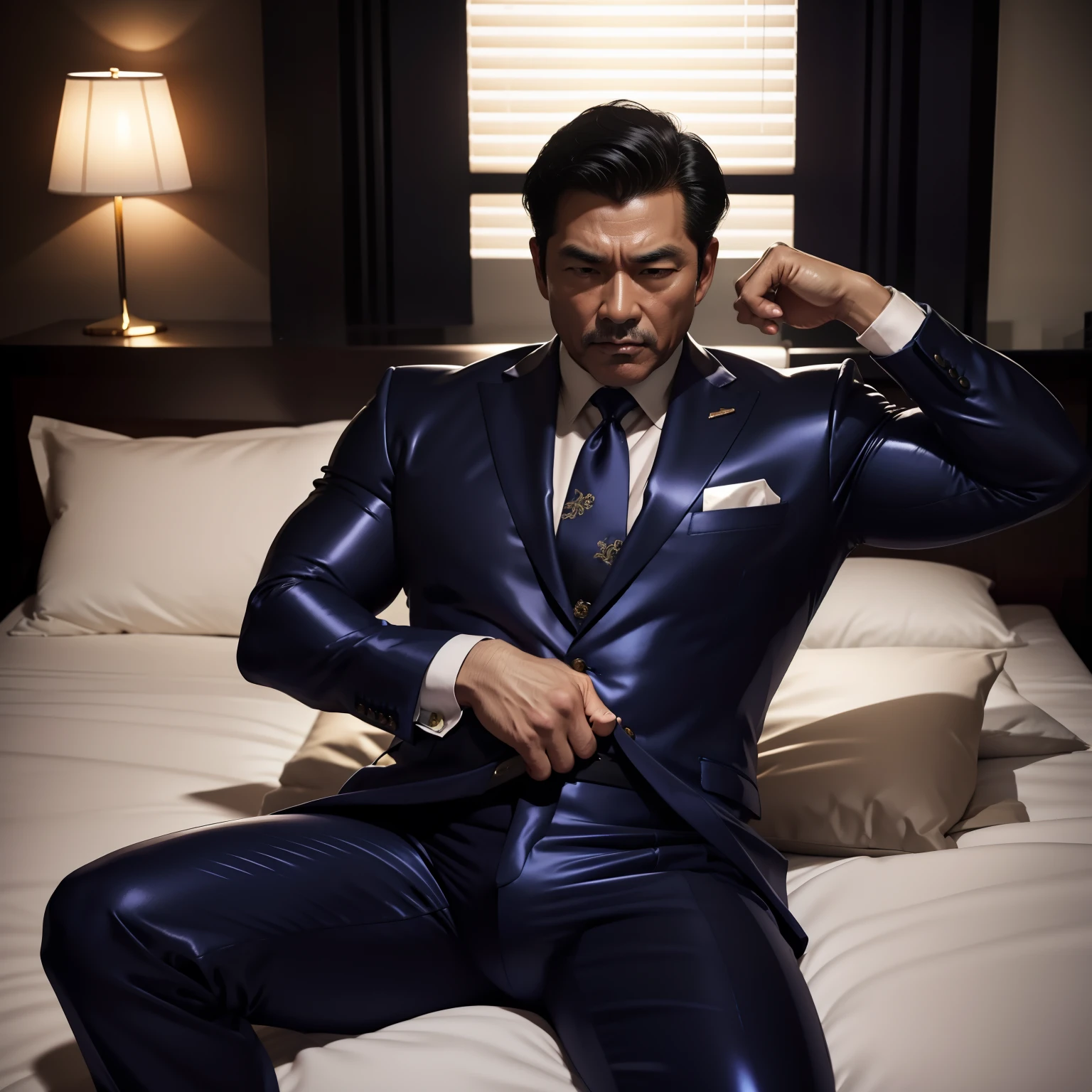 50 years old,daddy,shiny suit,k hd,in the office,muscle, gay ,black hair,asia face,masculine,strong man,The boss sleeps comfortably on the bed,estrus