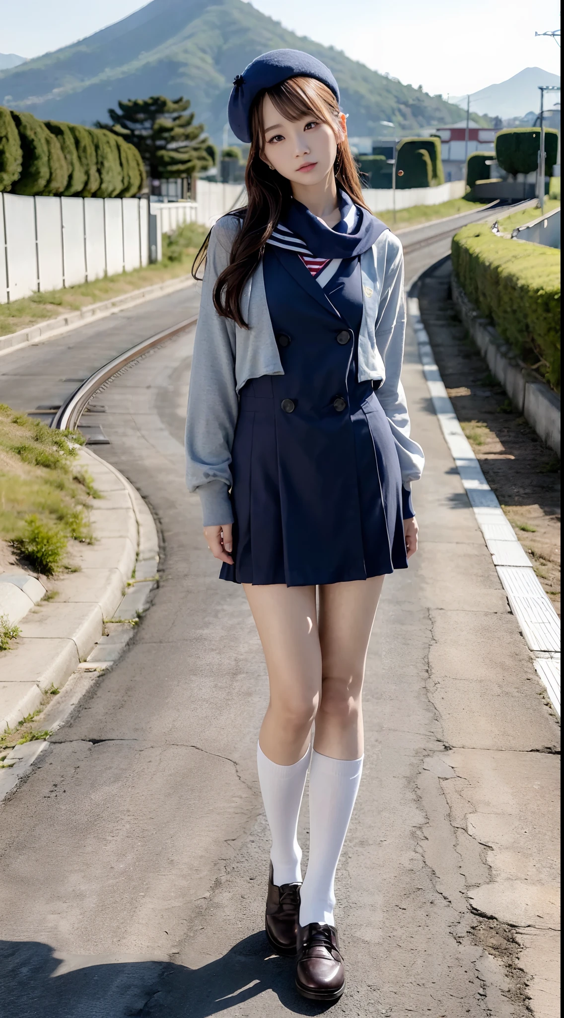 mix4, (16 K, Raw photography, Top image quality, masterpiece: 1.45), (realisitic, Photorealsitic: 1.37), one girls, 7.5, etc、Random hairstyle、Standing figure,Morning time slot、a very cute,countryside view,, profetional lighting, photon maping、physically-based renderingt, Gradient dark brown hair,Crisp backgrounds and high resolution, a handsome, Well-groomed and beautiful eyes、Large double eyelids、Very shiny、girl with, (((student clothes、Winter clothes、Sailor suit worn by Japan schoolgirl、Navy blue sailor color、scarf、a miniskirt, Small beret、high socks、lowfers))), Top Quality Photos, hight resolution, 1080p, (clearface), (Detailed face description), (Detailed hand description), (masterpiece), (Exquisite CG)、extreme light and shadows、dishevled hair、master work、abundant detail、(Fine facial features)、(top quality photo)、(masuter piece)、(A detailed eye)、Look in front of you、Fine clavicle、((Slender big))、(((Japan schoolgirl in sailor suit)))、((Idle system))、((country、train track、railroad crossing、Mountains in the distance々))、(((neat and cute)))、耳Nipple Ring、A big smile、Drawing the whole body from the knees、Do not draw nasolabial folds、(((Cute sailor suit)))、(Big breasts that hang down big:1.2)、Big buttocks with tension、Two arms and two legs、(((from the front side:0.3)))、bare hand、No mask、