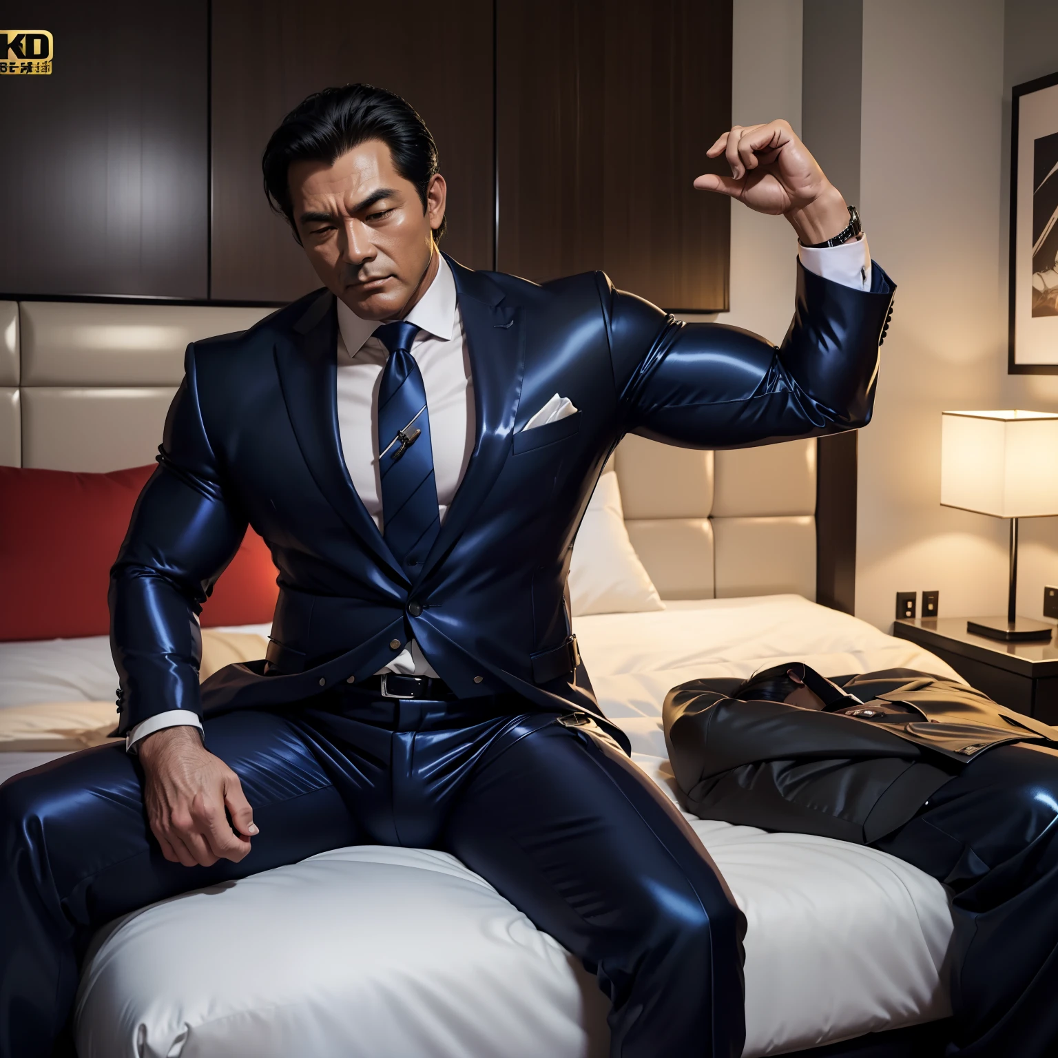 50 years old,daddy,shiny suit,k hd,in the office,muscle, gay ,black hair,asia face,masculine,strong man,The boss sleeps comfortably on the bed,estrus
