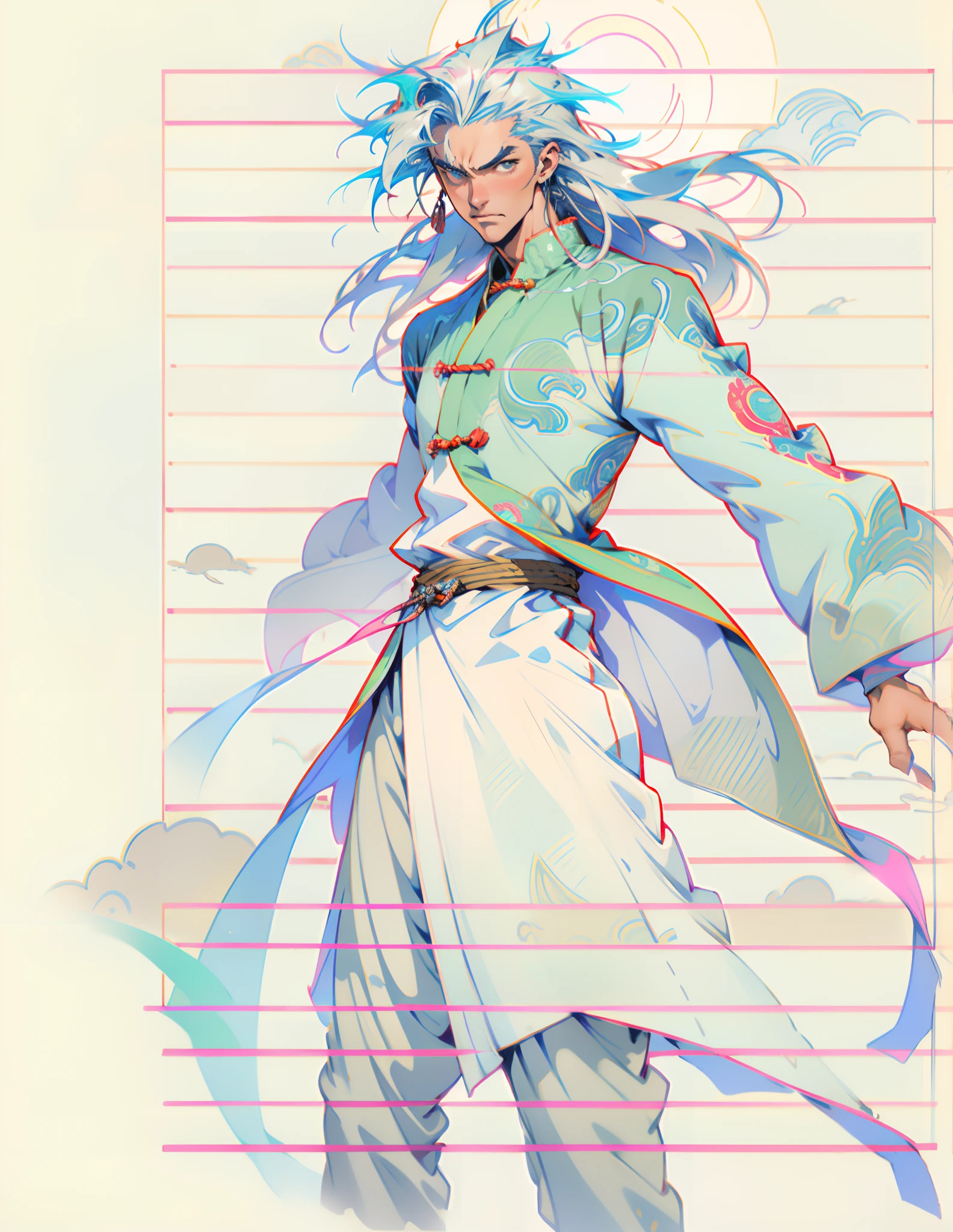 A man with disheveled long hair, a cascade of unruly locks, a handsome countenance, a carefree expression, tall and slender, wears a light-colored Chinese-style undershirt, over which he layers a loose dark-colored long daoist robe, long and wide sleeves, wears dark pants, surrounded by colorful clouds and mist, stands amidst a colorful sea of clouds and mist, this character embodies a finely crafted fantasy-style Chinese martial artist character in anime style, characterized by an exquisite and mature manga illustration art style, high definition, best quality, highres, ultra-detailed, ultra-fine painting, extremely delicate, professional, anatomically correct, symmetrical face, extremely detailed eyes and face, high quality eyes, creativity, RAW photo, UHD, 8k, Natural light, cinematic lighting, masterpiece:1.5
