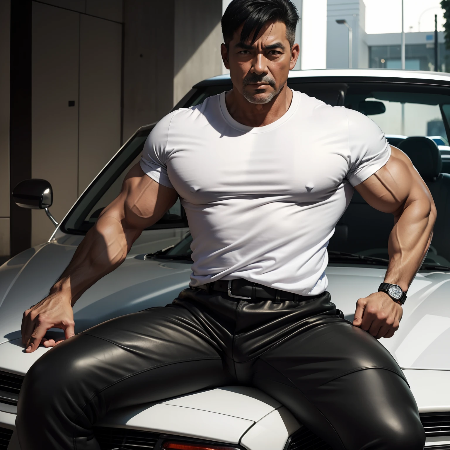 50 years old,daddy,white sports t-shirt, leather trousers men,k hd,muscle, gay ,black hair,asia face,masculine,strong man,sit on car