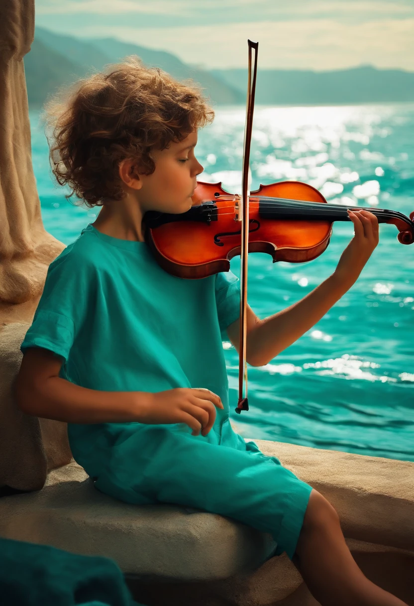 Turquoise sea，On board，Strong naked boy playing violin