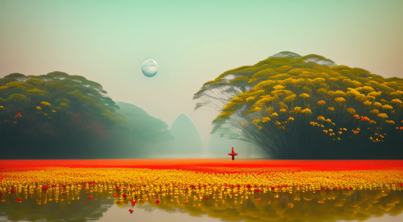monochromatic [red,Orange,yellow] portrait [vietgongs On your back next to some flowers]standing on water near the moon | futuristic minimalism | flattened perspective | misty atmosphere | panoramic scale; passage muted tones | surrealism | horizons,4k, cinematic Sony A7 IV film 35mm