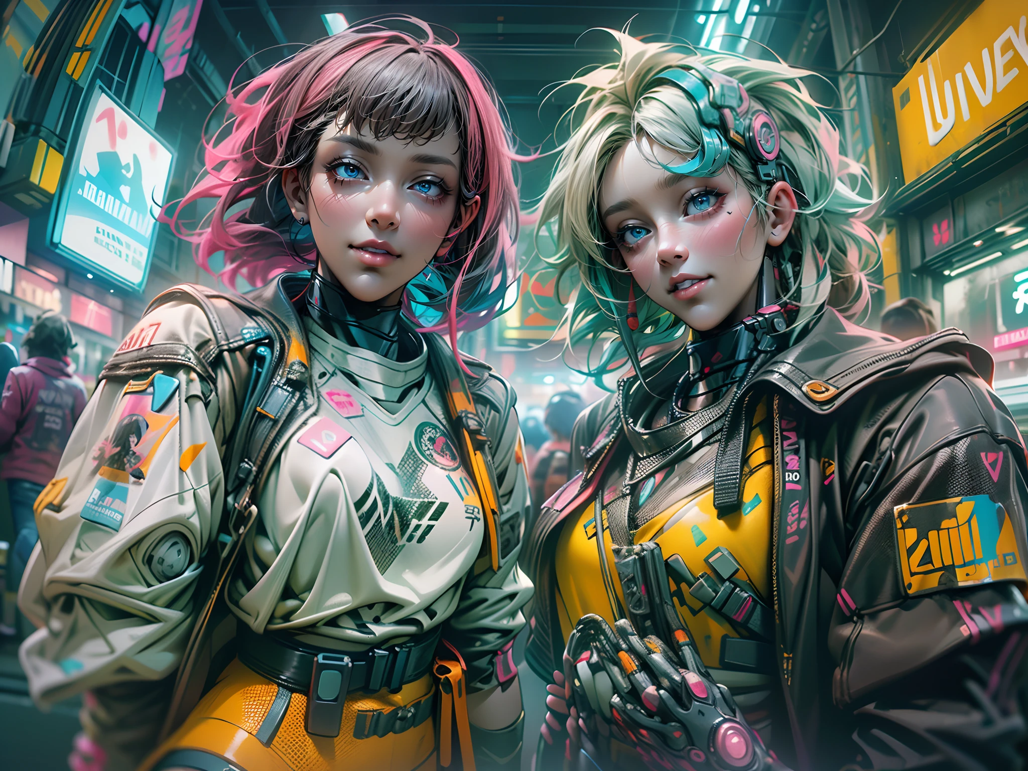 ((2 cyberpunk girls wearing colorful Harajuku style pop outfit)), ((((fisheye lens)))), cowboy shot, wind, messy hair, ((cyberpunk 2077 cityscape)), (cyberpunk aesthetics and atmosphere:1.3), bright colors, smiling, ((cinematic lighting))