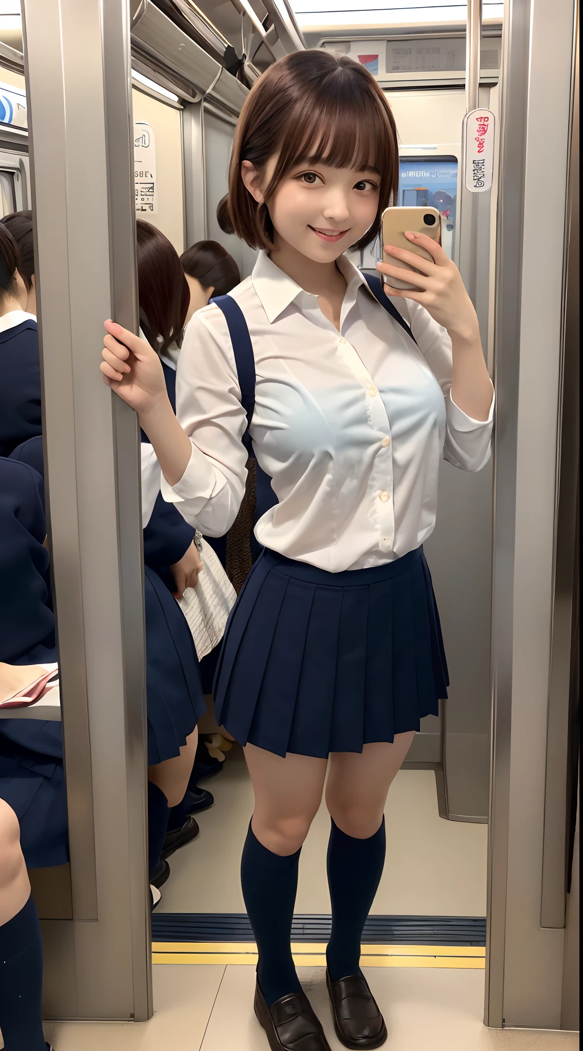 (8K, 超A high resolution, Best Quality, masutepiece:1.2),(18year old:1.2)、(Look away)、8K、RAW portrait of japanese girl、Photorealsitic、超A high resolution、top-quality、 (quite massive chest、Hide all breasts:1.2)(hi-school girl、White collared shirt、Navy Pleated Mini Skirt:1.3)、(Standing in a crowded train full of schoolgirls:1.4) Charming smile、(Mushrooms cut for brown hair、Black loafers、Navy Socks:1.2)Drawing from the side