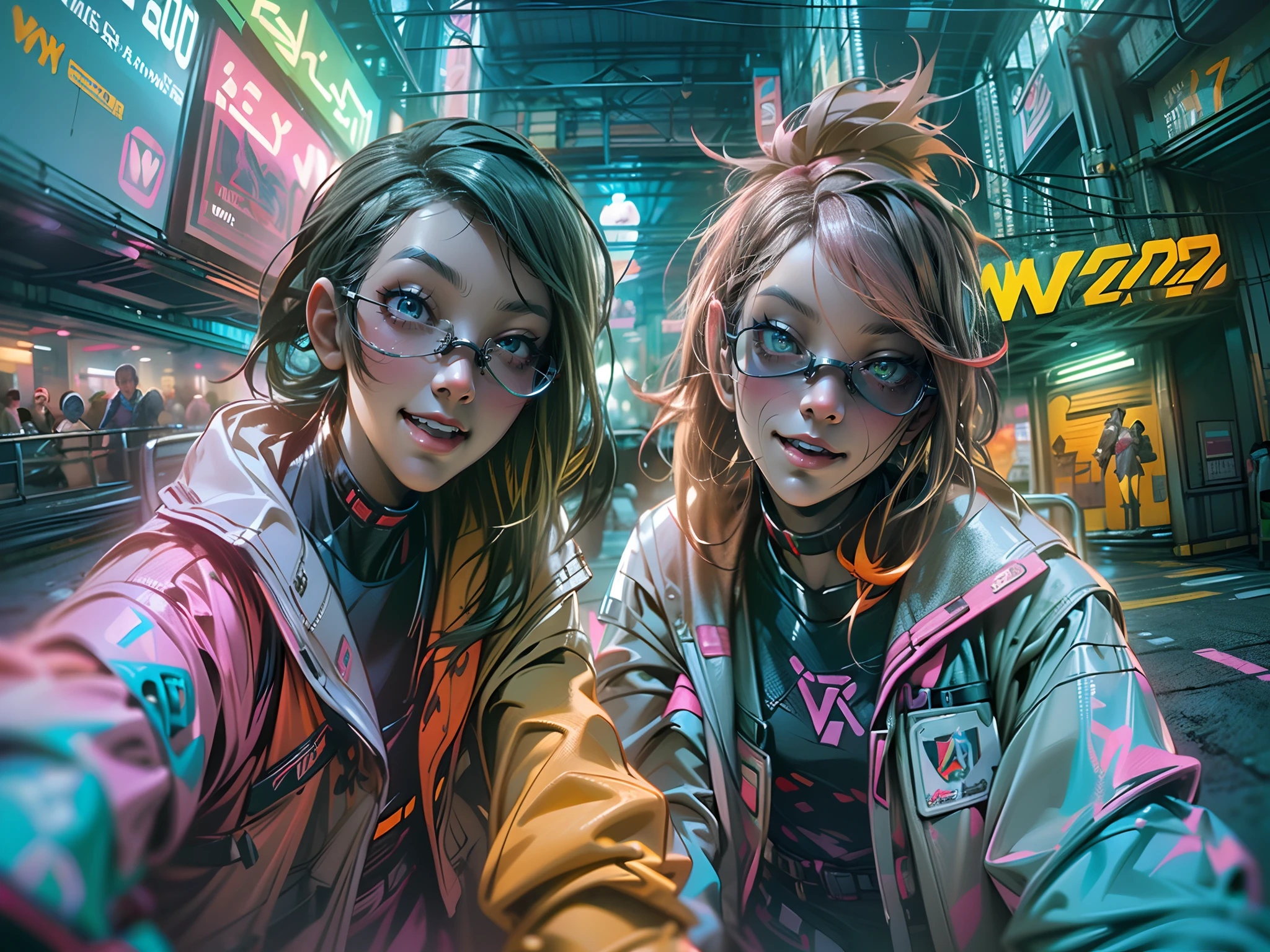 ((2 cyberpunk girls wearing colorful Harajuku style pop outfit)), ((((fisheye lens)))), cowboy shot, wind, messy hair, ((cyberpunk 2077 cityscape)), (cyberpunk aesthetics and atmosphere:1.3), bright colors, smiling, ((cinematic lighting))