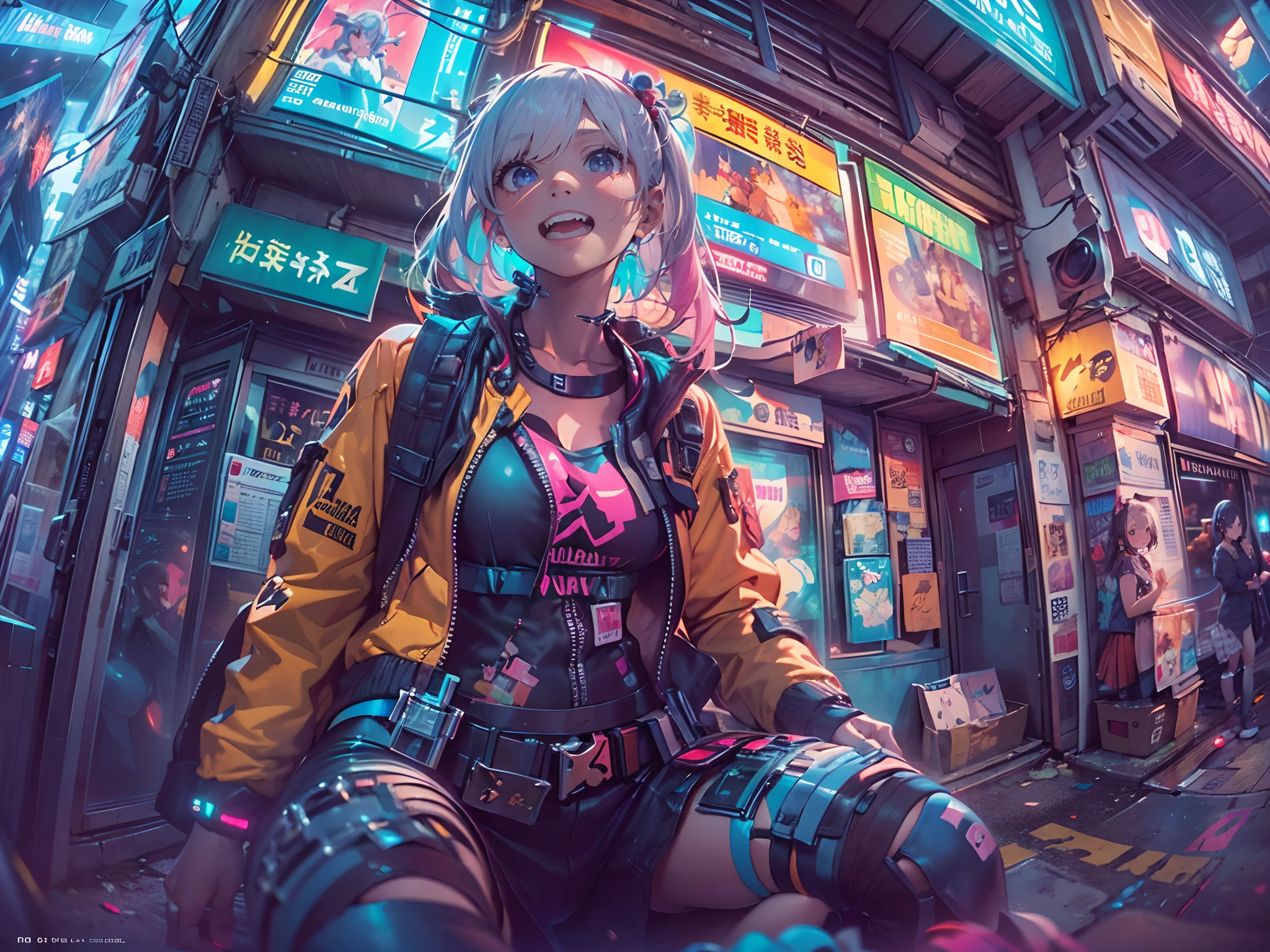 ((2 cyberpunk girls wearing colorful Harajuku style pop outfit)), ((((fisheye lens)))), cowboy shot, wind, messy hair, ((cyberpunk 2077 cityscape)), (cyberpunk aesthetics and atmosphere:1.3), bright colors, smiling, ((cinematic lighting))