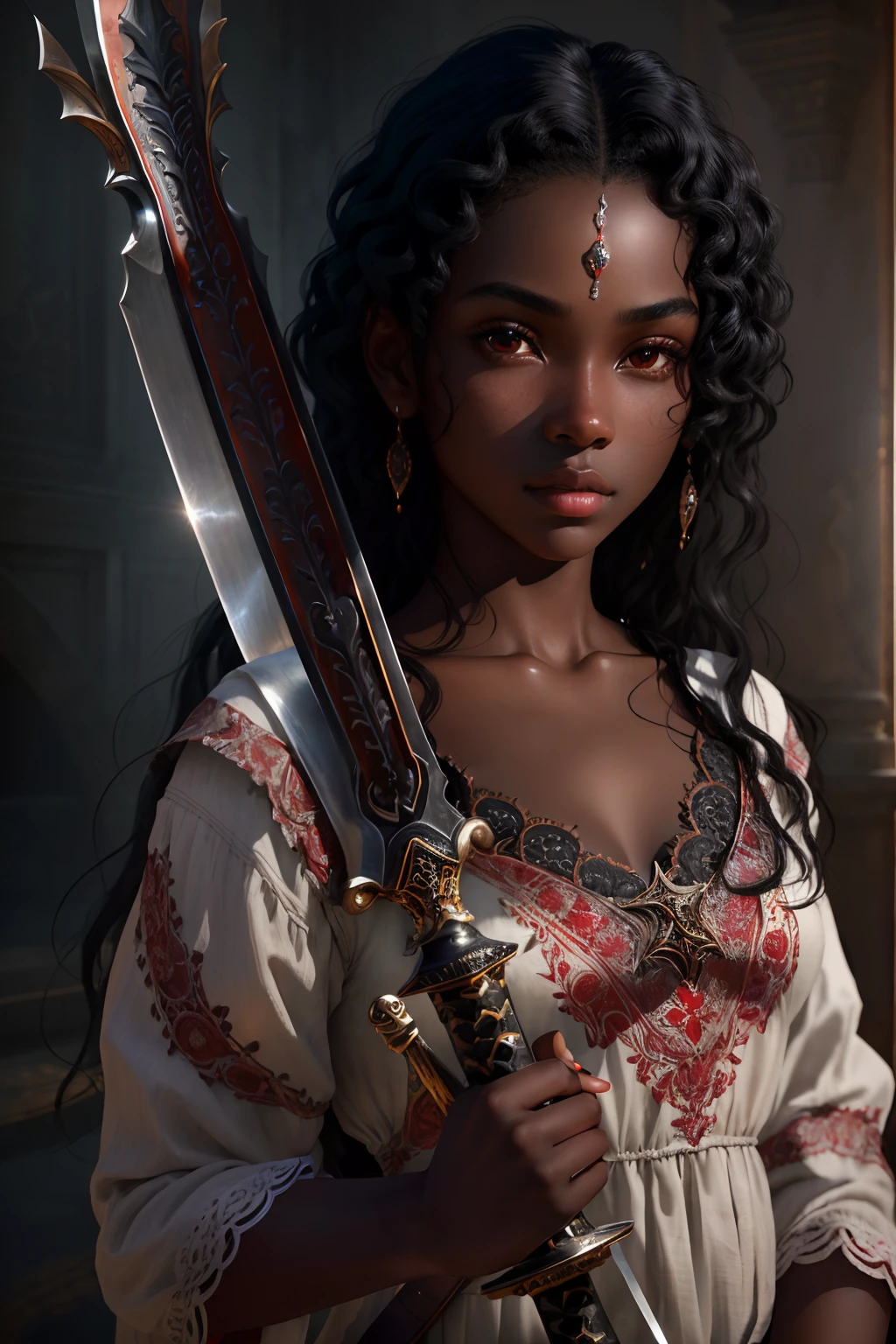 8k portrait of photo of beautiful black girl, black hair, full body, realistic, very dark natural skin, red eyes, soft sunlight, textured skin, sword in hand, intricate, elegant, highly detailed, futuristic, digital photography, (masterpiece, sidelighting, finely detailed beautiful eyes: 1.2), hdr,