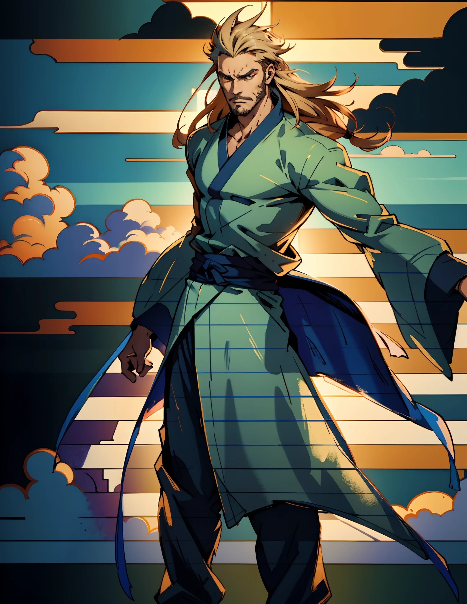 A man with disheveled long hair, a cascade of unruly locks, a handsome countenance, a carefree expression, tall and slender, wears a light-colored Chinese-style undershirt, over which he layers a loose dark-colored long daoist robe, long and wide sleeves, wears dark pants, surrounded by colorful clouds and mist, stands amidst a colorful sea of clouds and mist, this character embodies a finely crafted fantasy-style Chinese martial artist character in anime style, characterized by an exquisite and mature manga illustration art style, high definition, best quality, highres, ultra-detailed, ultra-fine painting, extremely delicate, professional, anatomically correct, symmetrical face, extremely detailed eyes and face, high quality eyes, creativity, RAW photo, UHD, 8k, Natural light, cinematic lighting, masterpiece:1.5