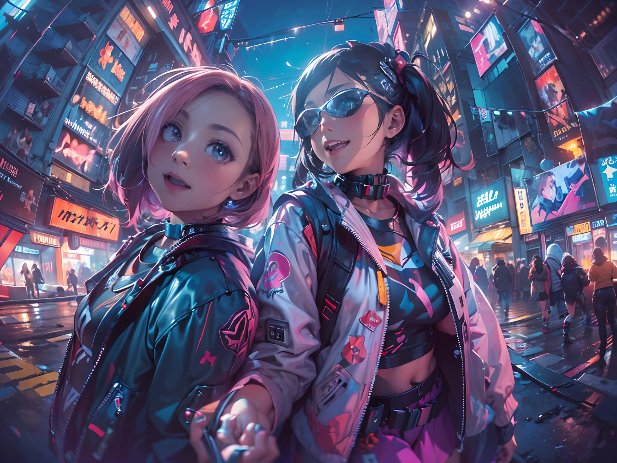 ((2 cyberpunk girls wearing colorful Harajuku style pop outfit)), ((((fisheye lens)))), cowboy shot, wind, messy hair, ((cyberpunk 2077 cityscape)), (cyberpunk aesthetics and atmosphere:1.3), bright colors, smiling, ((cinematic lighting))