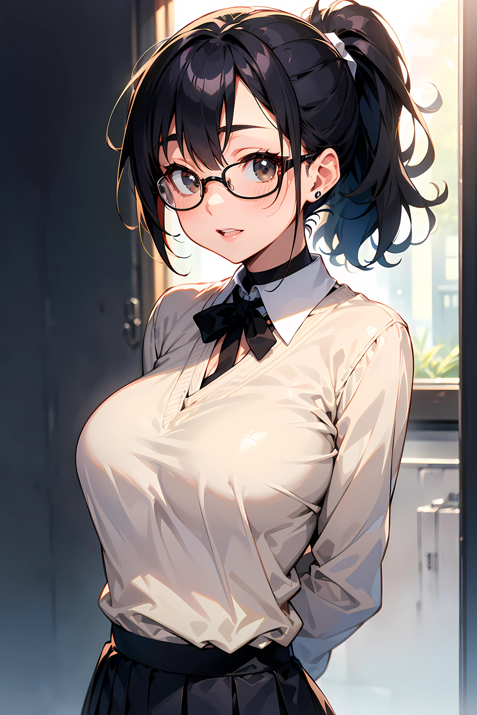 high resolution, Photo of a beautiful woman detailed_face, young handsome girl,realistic:0.5, perfect skin, (wearing a glasses:1.5), (ultra-detailed background, detailed background), bokeh, make happy expressions, happy emotion, gorgeous,pure, beautyfull detailed face and eyes,breasts, (black eyes:1.1), (Audrey Hepburn:1.3), (a extremely pretty and beautiful Japanese woman), (sexy girl), (professional attire:1.3), (22 years old: 1.1), BREAK, (blue high-neck sweater:1.2, long sleeve:1.2), (beige Pleated skirt:1.2), (leather boots))), cleavage, beautiful detailed skin, (cute:1.2), (blonde hair), ((jpop idol)), (upper thigh:0.6), (depth of field),soft light, Lens Glow looking at viewer, (Drooping eyes:1.2), straight teeth,smile, floating hair, (blond hair:1.2), brown eyes BREAK movie scene, cinematic, full colors, 4k, 8k, 16k, RAW photo, masterpiece, professionally color graded, professional photography, high school girl, hair up, , soft clean focus, realistic lighting and shading, (an extremely delicate and beautiful art)1.3, elegant,active angle,dynamism pose BREAK (ponytail:1.3), (shiny-black thin hair:1.2), bangs, dark brown eyes, beautiful eyes, princess eyes, (big eyes:1.3), bangs, wearing a glasses:1.3, Hair between eyes, short hair:1.3, (slender:1.1), (medium-breasts:0.95), (thin waist: 1.15), (detailed beautiful girl: 1.4), Parted lips, Red lips, full-make-up face, (shiny skin), ((Perfect Female Body)), (upper body image:1.3), Perfect Anatomy, Perfect Proportions, (most beautiful Korean actress face:1.3, extremely cute and beautiful Japanese actress face:1.3), ,(1glasses girl:1.3, solo), ,(blush:1.1), gray background, solo focus, (bust shot:1.2), cinematic light, (nostalgic night scene:1.4), (aquariums:1.4), the vibrant glow of neon lights, Huge sink、Marine life、shark、blue whale、manta ray、 (arms behind back :1.4), (looking at viewer:1.2