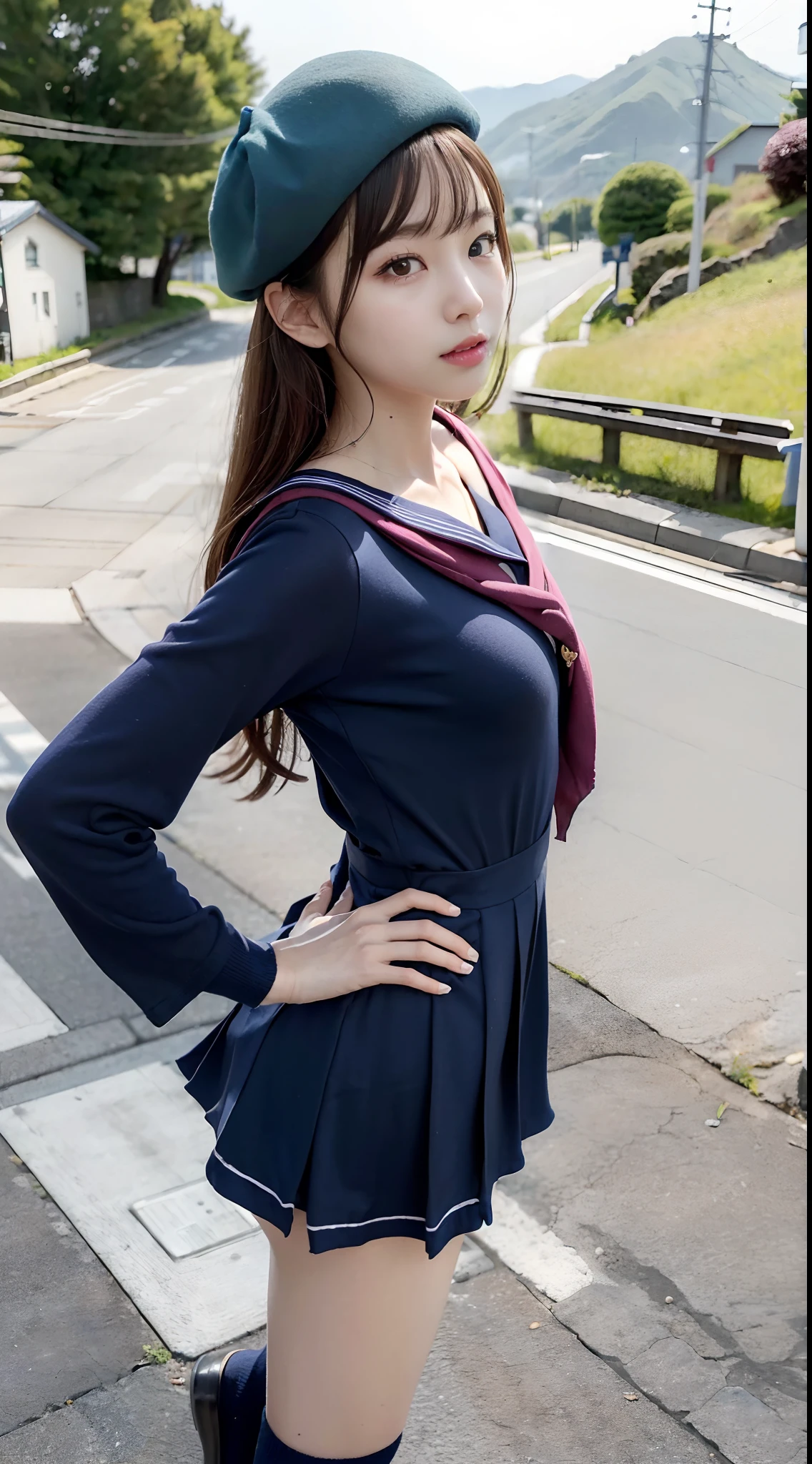 mix4, (16 K, Raw photography, Top image quality, masterpiece: 1.45), (realisitic, Photorealsitic: 1.37), one girls, 7.5, etc、Random hairstyle、Standing figure,Morning time slot、a very cute,countryside view,, profetional lighting, photon maping、physically-based renderingt, Gradient dark brown hair,Crisp backgrounds and high resolution, a handsome, Well-groomed and beautiful eyes、Large double eyelids、Very shiny、girl with, (((student clothes、Winter clothes、Sailor suit worn by Japan girl、Navy blue sailor color、scarf、a miniskirt, Small beret、high socks、lowfers))), Top Quality Photos, hight resolution, 1080p, (clearface), (Detailed face description), (Detailed hand description), (masterpiece), (Exquisite CG)、extreme light and shadows、dishevled hair、master work、abundant detail、(Fine facial features)、(top quality photo)、(masuter piece)、(A detailed eye)、Look in front of you、Fine clavicle、((Slender big))、(((Japan schoolgirl in sailor suit)))、((Idle system))、((country、train track、railroad crossing、Mountains in the distance々))、(((neat and cute)))、耳Nipple Ring、A big smile、Drawing the whole body from the knees、Do not draw nasolabial folds、(((Cute sailor suit)))、(Big breasts that hang down big:1.2)、Big buttocks with tension、Two arms and two legs、(((from the front side:0.3)))、bare hand、No mask、