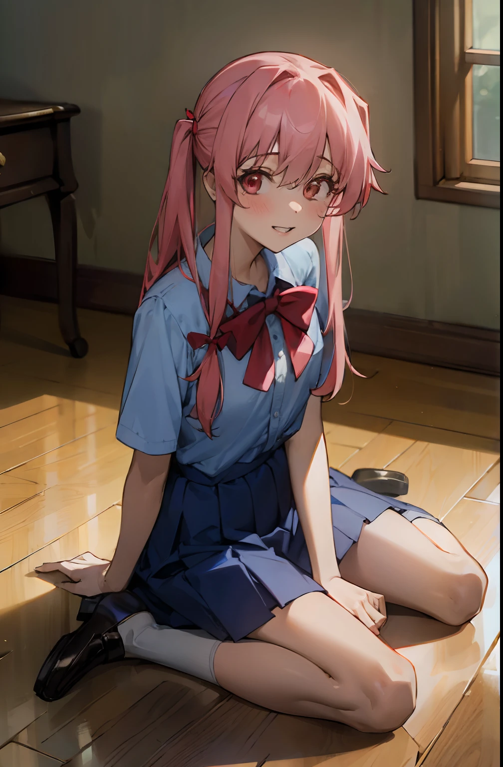 ((Masterpiece, absurdres, highres best quality, detailed)), gasai yuno, 1girl, solo, indoors, wooden floor, blood on face, blood on clothes, smile, parted lips, looking at viewer, dutch angle, wariza, gasai yuno, school uniform, red bowtie, blue skirt, short sleeves, blue shirt, white socks, loafers
