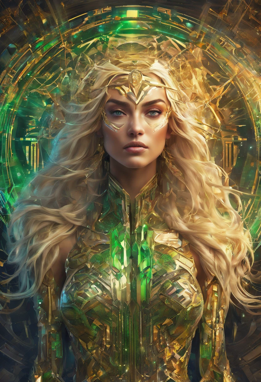 (RAW Photo, best quality), (Hyper Realistic),16k,(realistic, photo-realistic:1.5), Masterpiece,ultra high res, Stunning, Beautiful Milf Latin Brazilian Woman Goddess of Multiverse, Impossing Pose, Athletic Body, Suntan Skin, Wearing Egyptian Jewels Futuristic Cut Armor and Cloak with Intricate Isometric Fluid Galaxy Bioluminescence Effects, symmetrical, with Galaxies orbiting her body, perfect detailed face, detailed symmetric circular Green iris pupils, ((Gorgeous Long Blonde Fluid Hair)), high detailed Skin, Realistic, intricately detailed, cinematic, Isometric, awesome full color, gritty, mucha, klimt, 16k, hight definition, cinematic, neoprene, behance contest winner, portrait featured on unsplash, smooth, ultra high definition, ultra sharp focus, intricate artwork masterpiece, ominous, epic, TanvirTamim, trending on artstation, highly detailed, vibrant