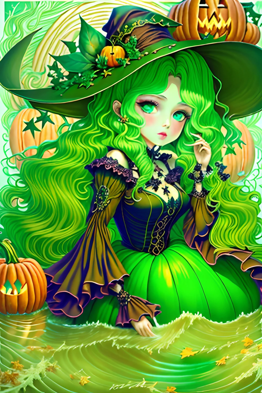 Best quality,masterpiece,ultra high beautiful witch woman,green hair,water,waves,lips,full body, pumpkin background