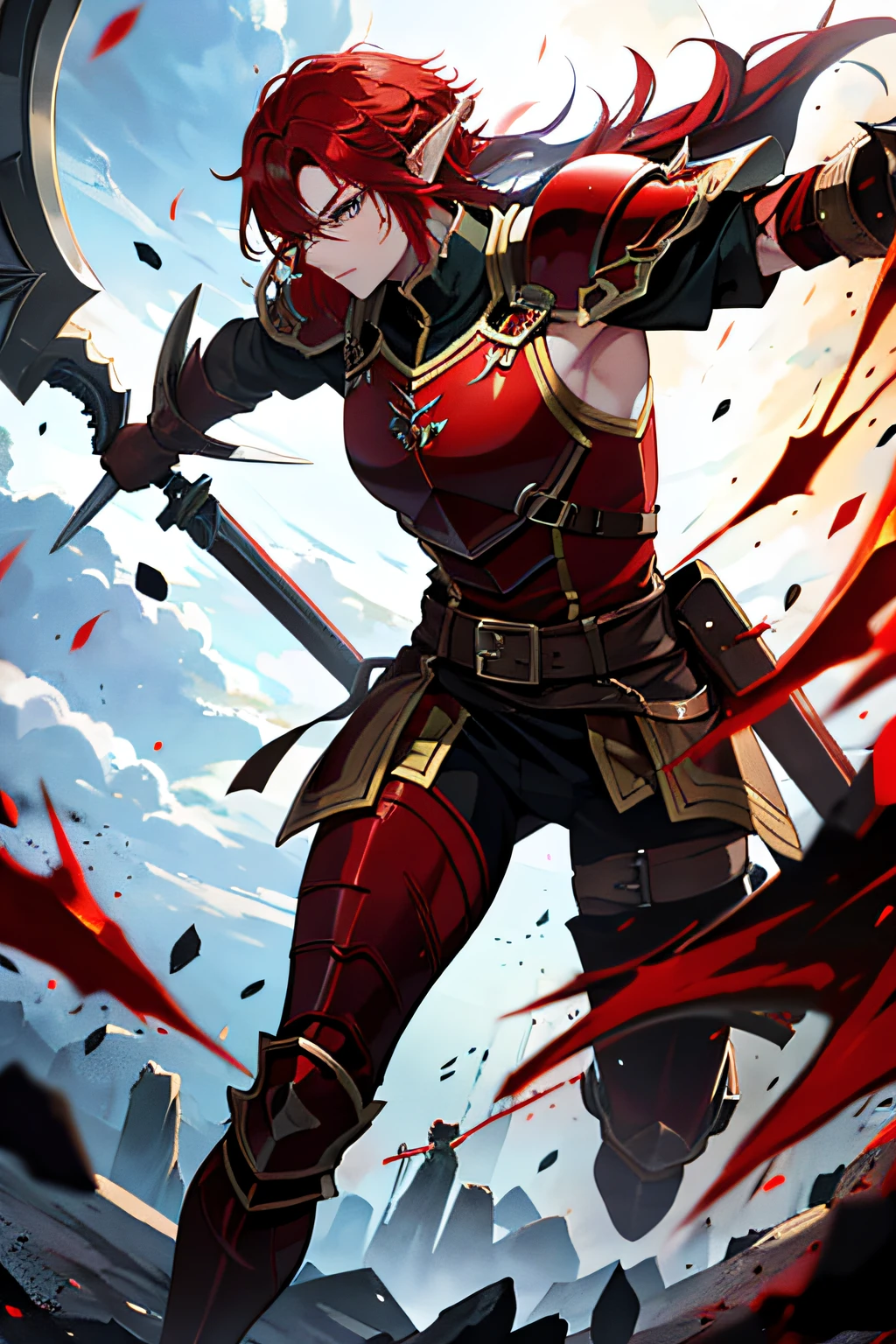 A muscular elf male battle mage, with red hair, in leather armor, in the hands of a battle scythe