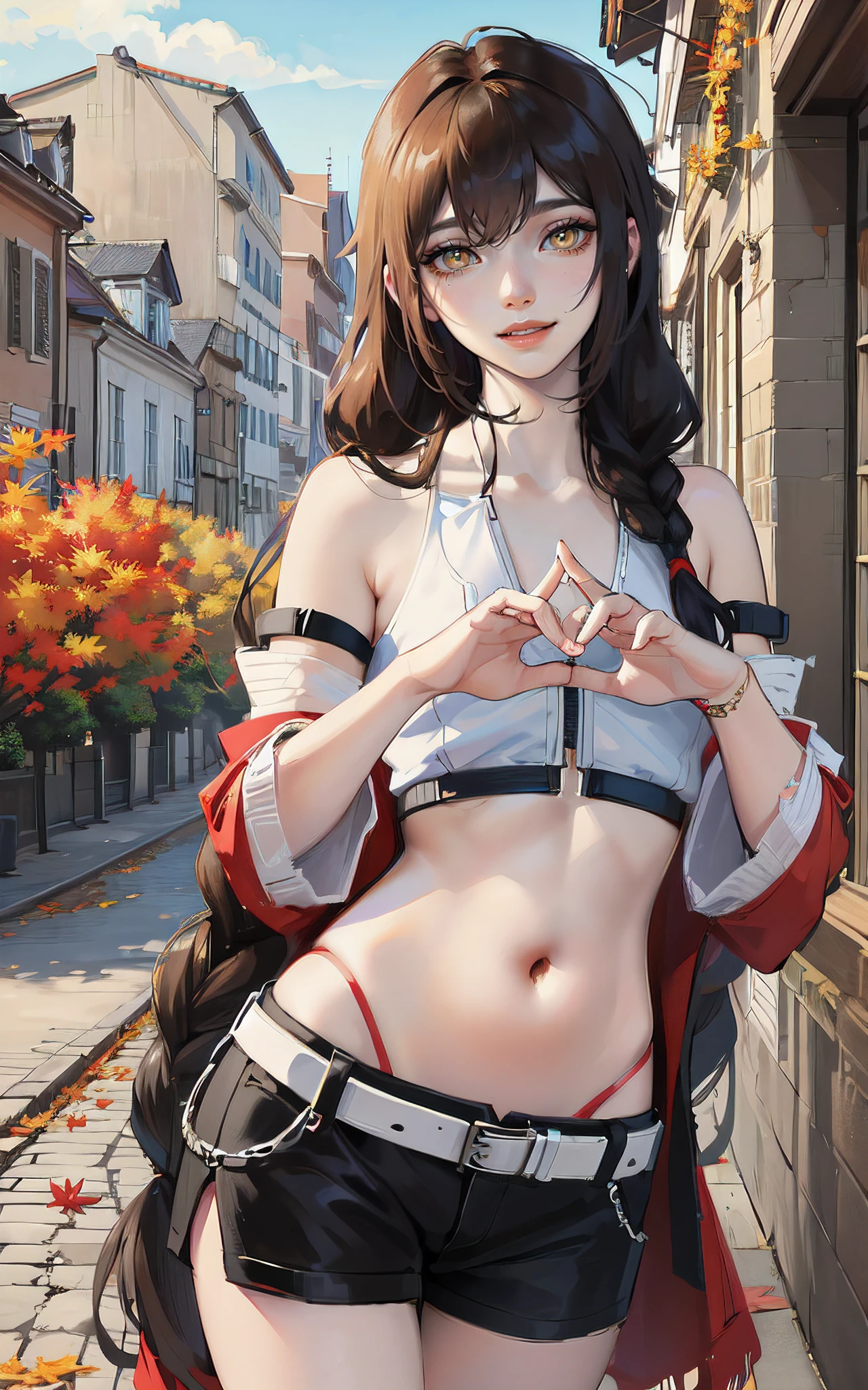 (Luka Urushibara (Steins;Gate)):1.3), ((yellow eyes, detailed eyes, black hair, braid, long braid, white details on bangs, smile), (( crop top, midriff, )), (((Autumn scenery))), outdoors, (france medieval, fantasy), ((illustration)), (mature male, feminine male, femboy), (((masterpiece))), (realistic:0.7), best quality,femboy, otoko no ko, feminine male, 1woman, solo, mature otoko no ko, ((flat chest)),  16k, UHD, max quality, Max Resolution, ultra realistic, ((ultra detalhado):1), ((perfect_hands, perfect_fingers))